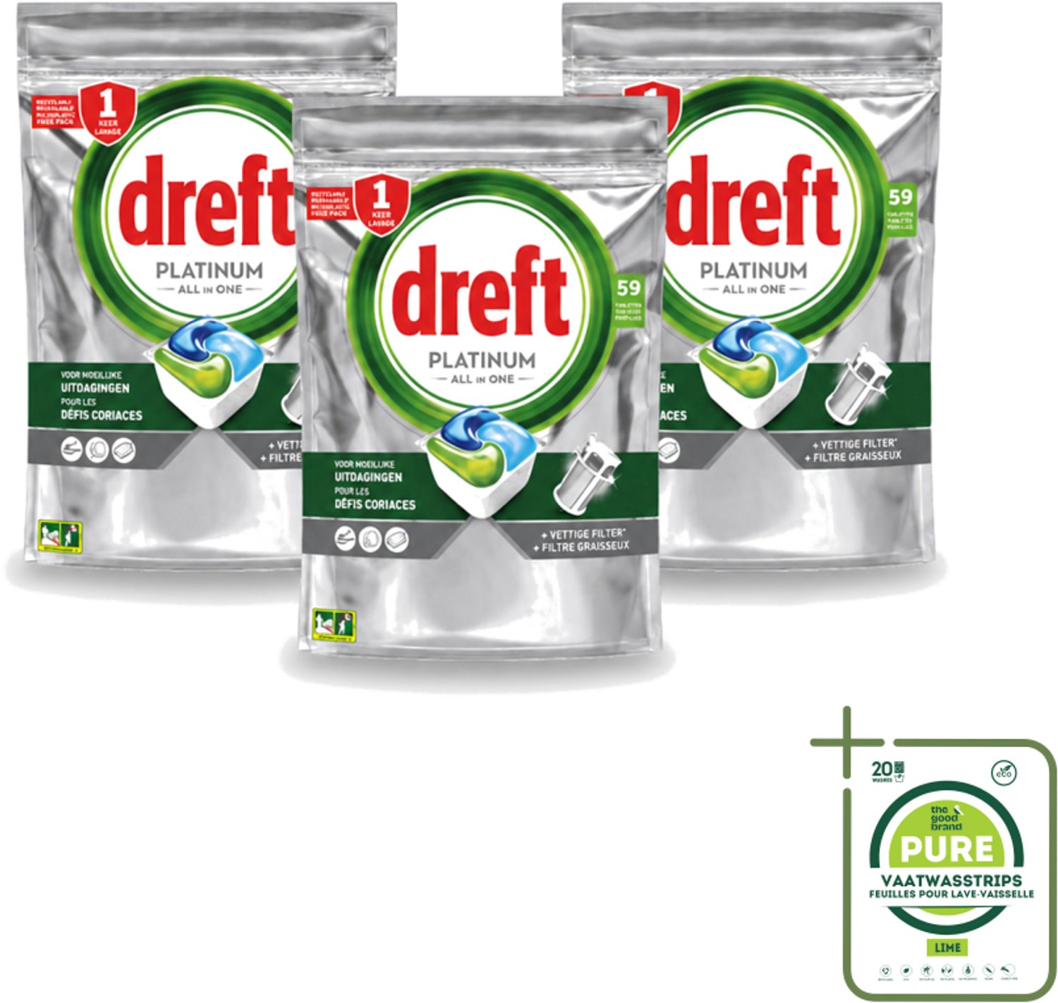3 x Dreft – Vaatwastabletten – Platinum All-in-One Original – 59 Tabletten - Grootverpakking - Vaatwastabletten - Vaatwasser - Reiniging - Ontvetting - Zout