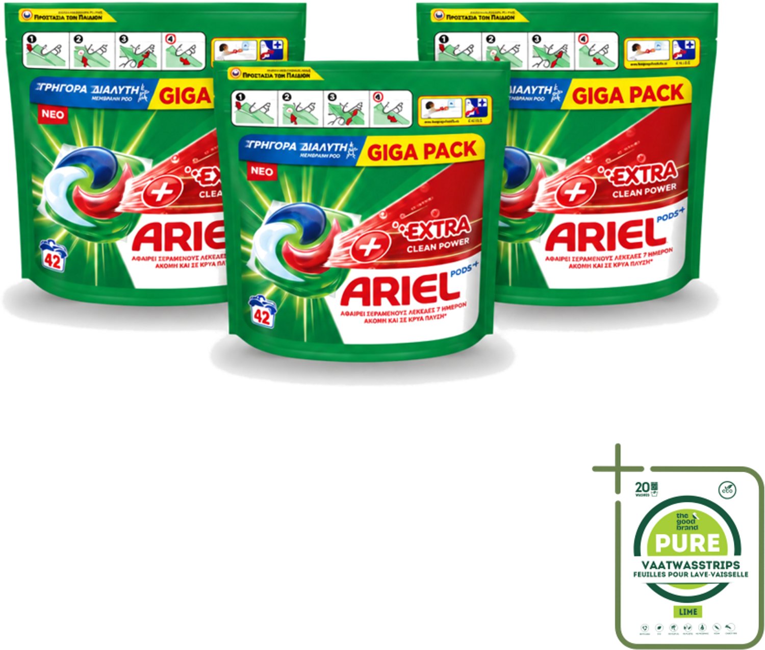 3 x Ariel – Pods – Clean Power Extra Schoon – 42 wasbeurten - Grootverpakking - Vaatwasstrips - Ariel Clean Power Pods - Extra Schoon Pods - Krachtige Vlekverwijdering - 42 Wasbeurten - Power Segment
