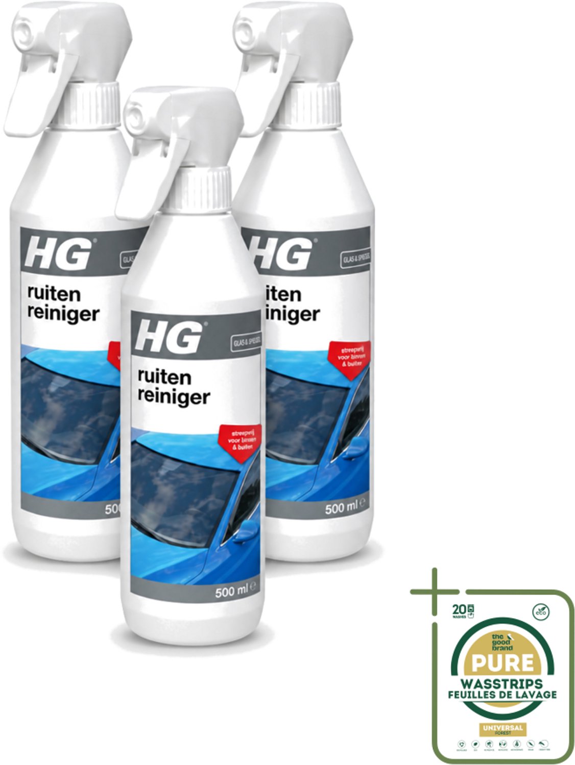 3 x HG - Ruitenreiniger - Streepvrij Voor Binnen & Buiten - 500 ml - Ruitenreiniger - Ruiten Reinigen - Ruiten Reinigen Binnen En Buiten - Ruiten Reinigen Auto - Ruiten Reinigen Caravan