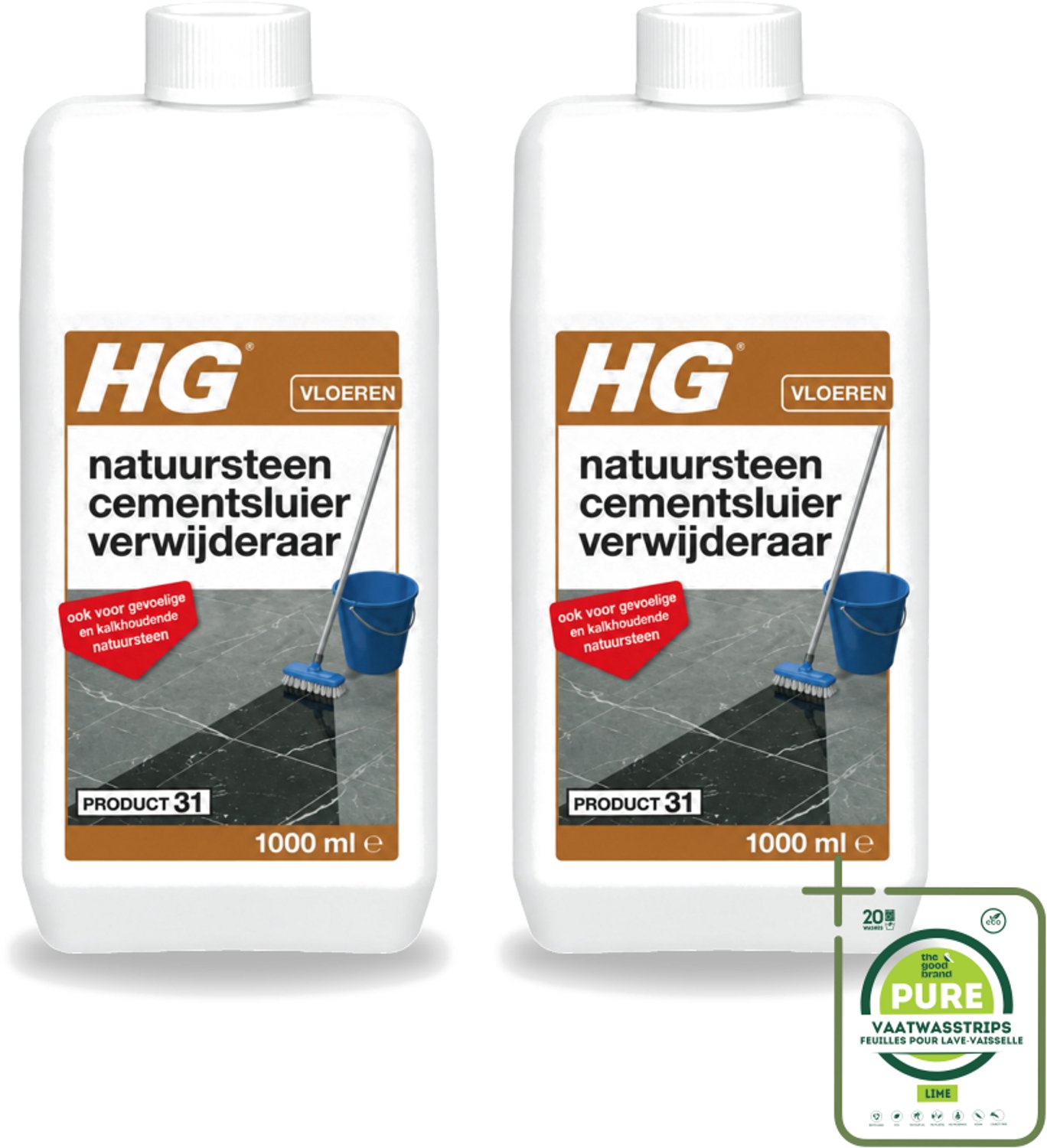 2 x HG - Natuursteen Cementsluierverwijderaar - Zuurvrij - Veilig in Gebruik - 1L - Grootverpakking - Vaatwasstrips - Natuursteen Cement Verwijderen - Cement En Kalksluier Verwijderen - Marmer Reinigen - Travertin Reinigen - Blauwe Steen Reinigen