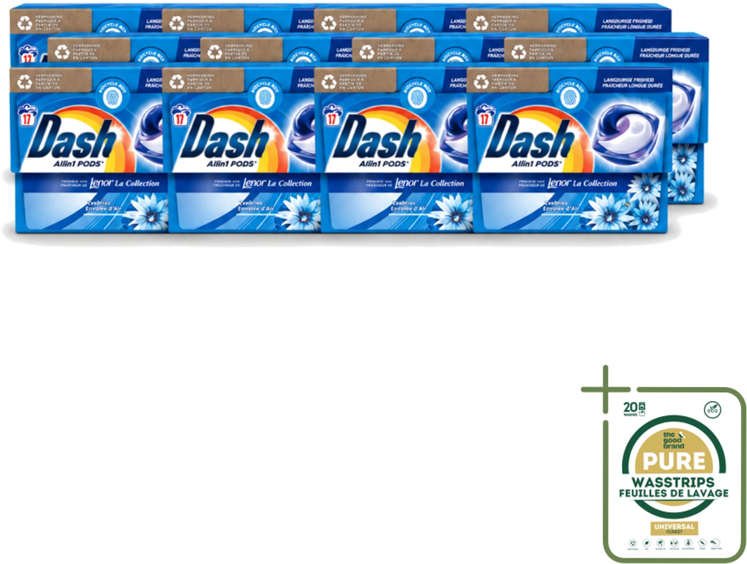 12 x Dash - Lenor Collectie - Wasmiddel Capsules - All-in-1 Pods - Witte en Gekleurde Was - Zeebries - 17 Wasbeurten - Wasstrips - Wasmiddel Capsules - Zeebries Geur - Wasmachine Pod - Frisheid Was - Witte Was