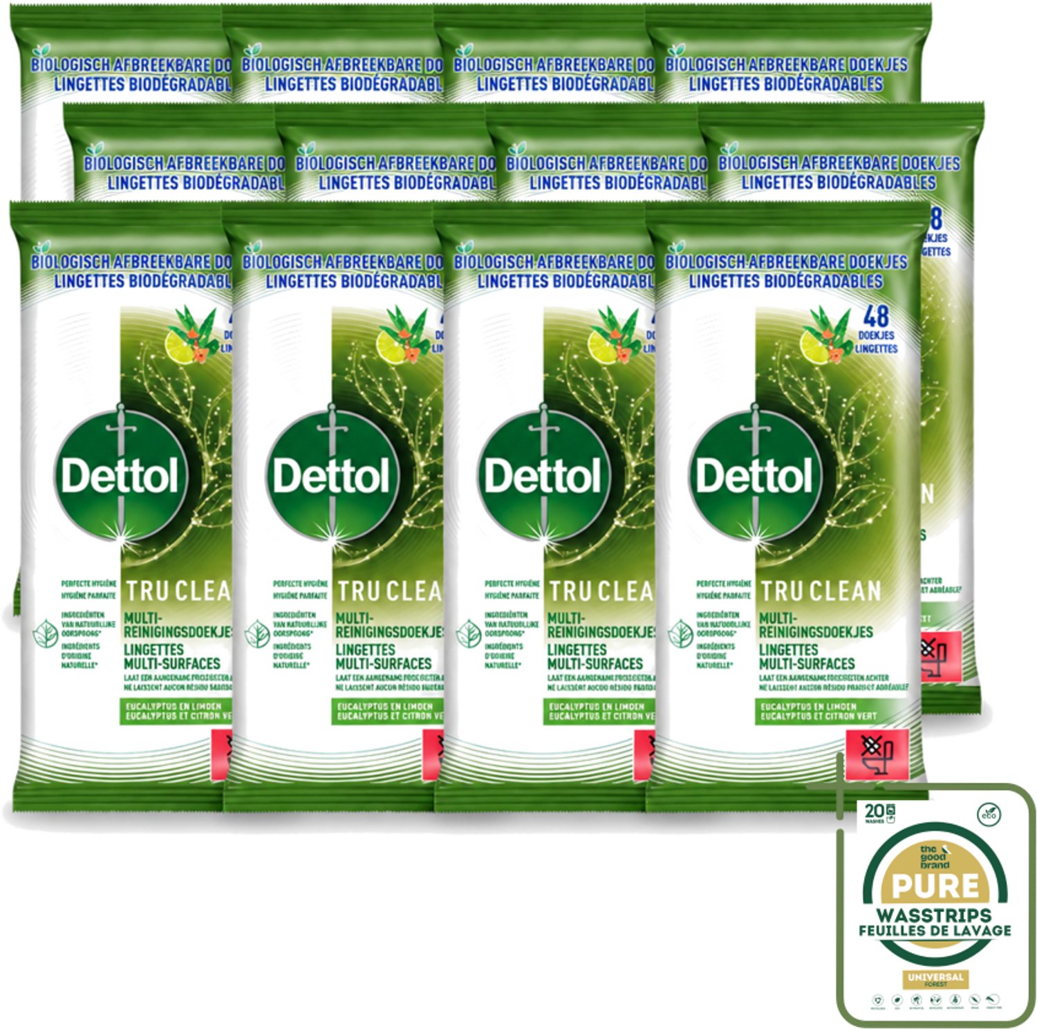12 x Dettol Tru Clean - Multi-reinigingsdoekjes - Eucalyptus & Limoen - Biologisch Afbreekbaar - 48 Stuks - Wasstrips - Dettol Tru Clean - Reinigingsdoekjes - Eucalyptus En Limoen - Biologisch Afbreekbaar - Huishoudelijke Reiniging