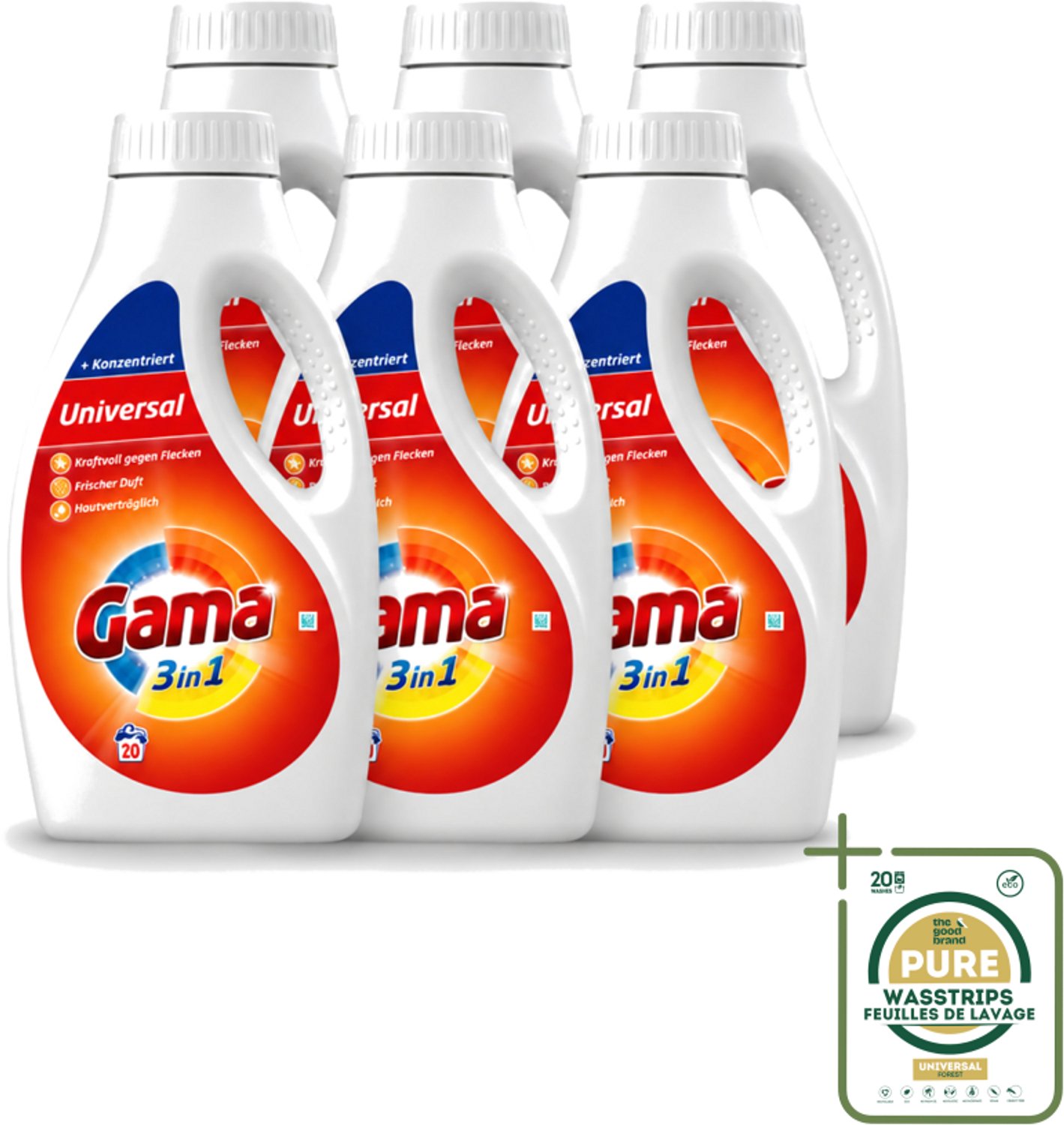 6 x Gama - Wasmiddel - 3 In 1 - Huidvriendelijk - 20 Wasbeurten - Wasstrips - Wasmiddel - 3 In 1 - Huidvriendelijk - Wasbeurt - Frisheid