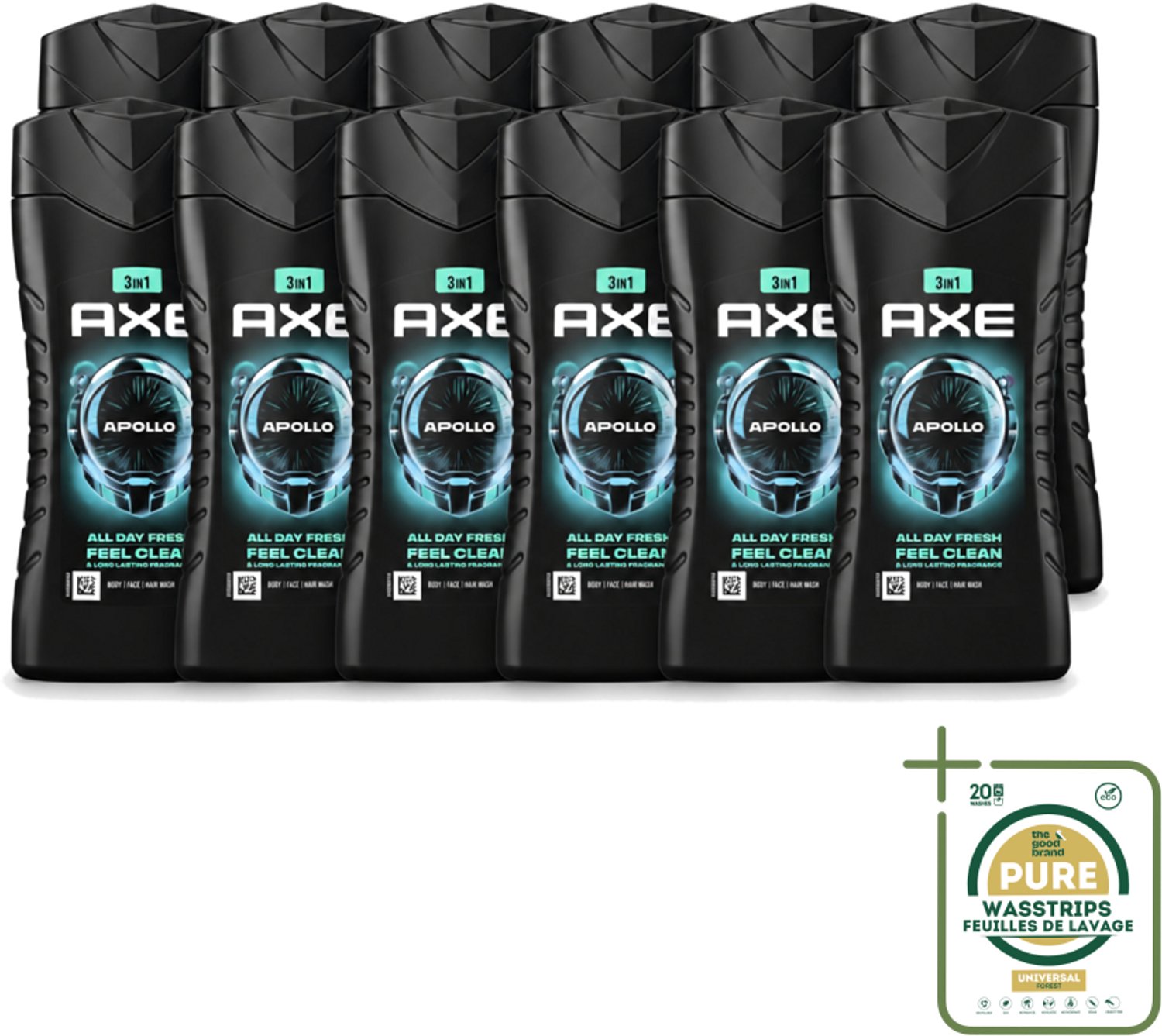 12 x Axe - 3-in-1 Douchegel - Apollo - Sage & Cedarwoord - 12hrs Long Lasting Scent - 250 ml - Wasstrips - Douchegel Lichaam Gezicht Haar - Geur Salie Cederhout - 12 Uur Fris - Bacteriënverwijdering - Plantaardige Moisturizers