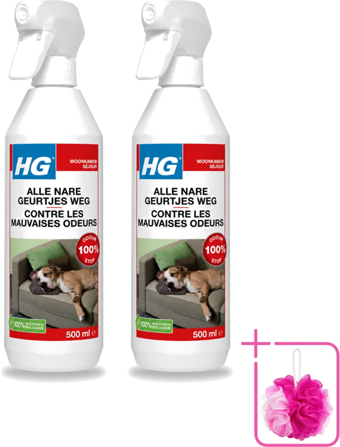 2 x HG - Alle Nare Geurtjes Weg Spray - Elimineert Stankmoleculen - Biologisch - 500 ml - Bulkverpakking - Geur stopper - Douchemop - Stankverwijderaar