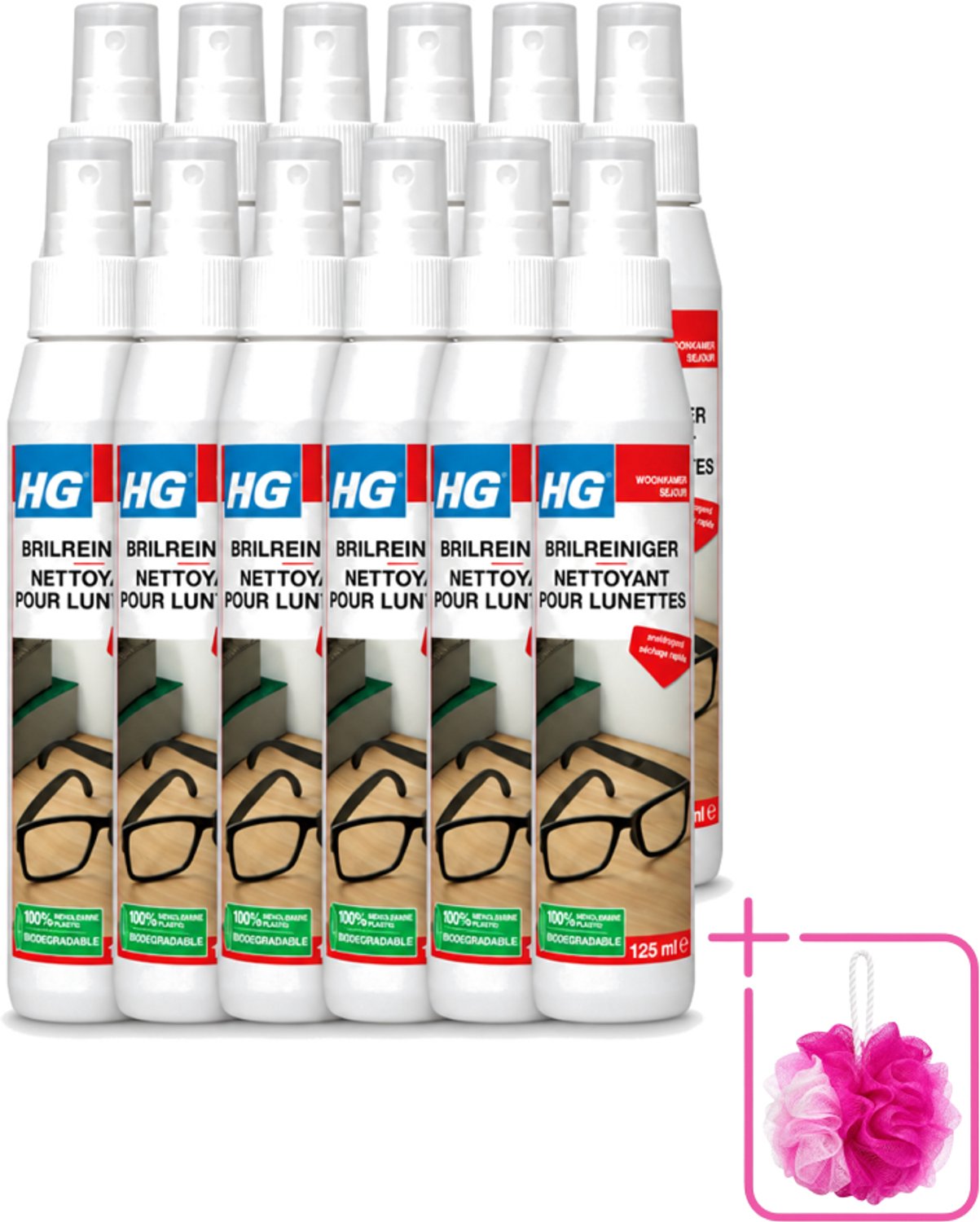12 x HG - Brilreiniger - Voor Glasheldere Lenzen - 125 ml - Bulkverpakking - Bril reinigen - Douchemop - Glas reinigen