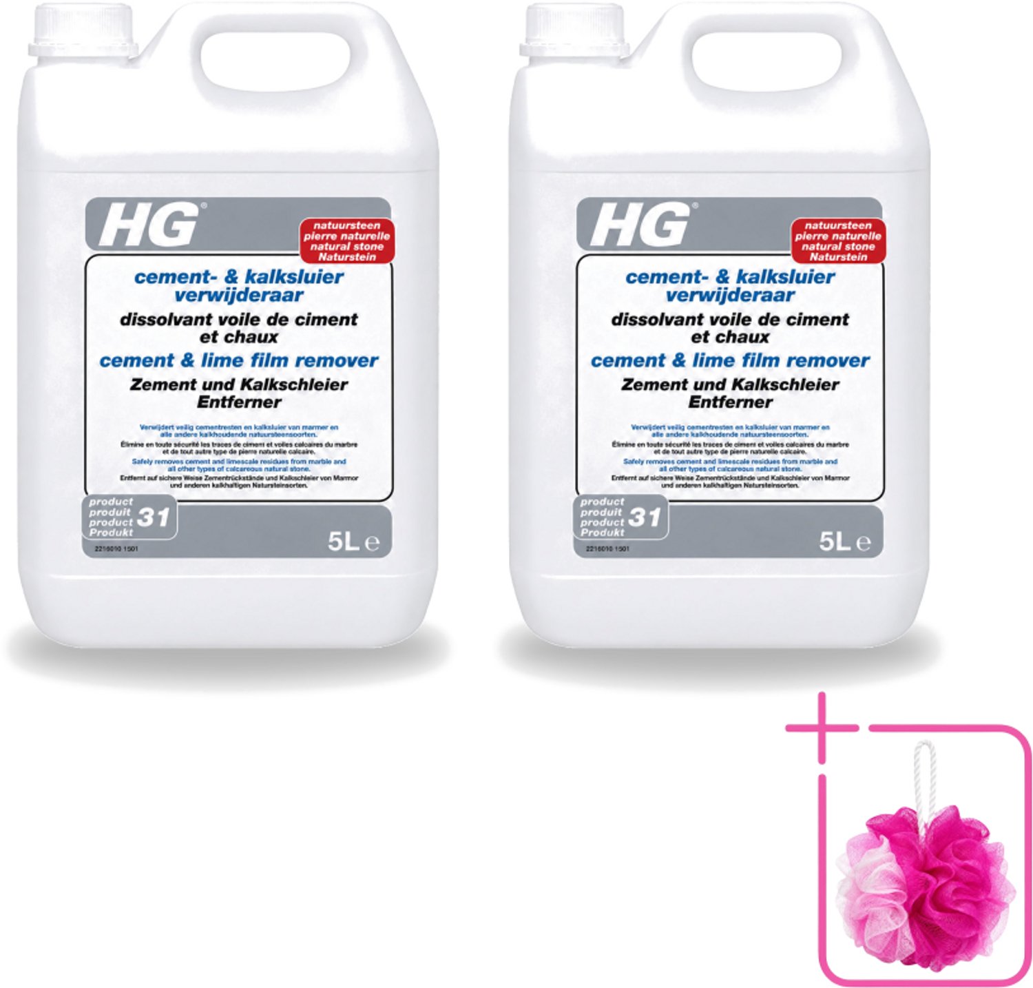 2 x HG - Cement & Kalksluierverwijderaar - Ook Voor Natuursteen - 5L - Bulkverpakking - Cementverwijderaar - Douchemop - Kalksluier verwijderen