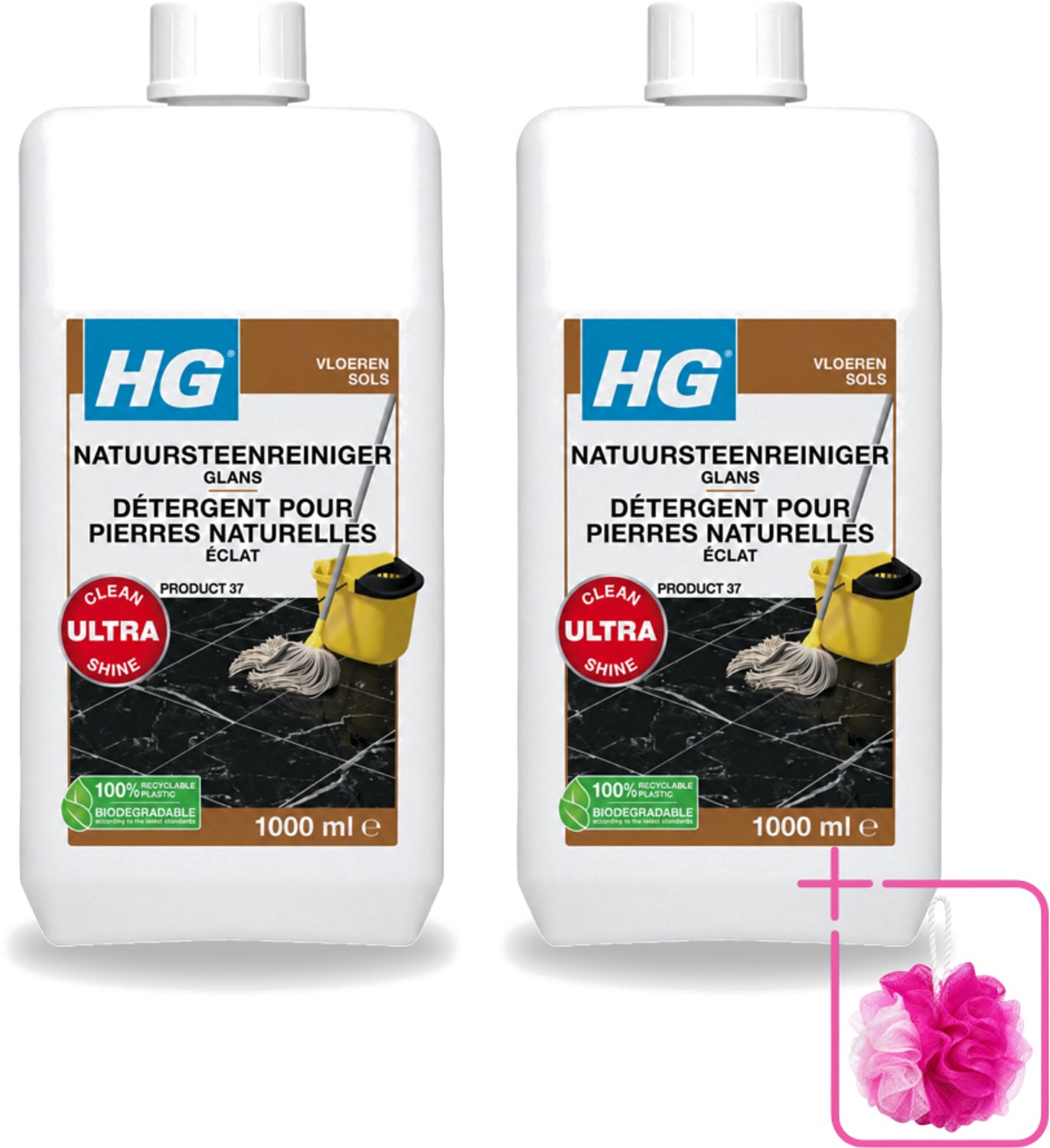 2 x HG - Natuursteenreiniger Glans - Ultra Glans - 20 Dweilbeurten - 1L - Bulkverpakking - Natuursteen reinigen - Douchemop - Marmer reinigen