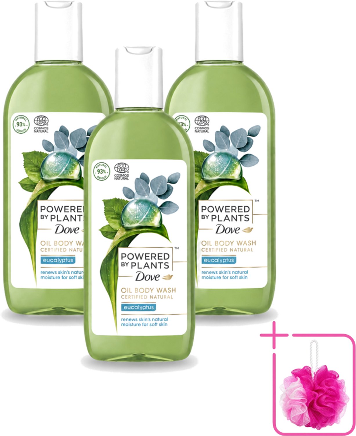 3 x Dove Powered by Plants - Oil Body Wash - Eucalyptus - 250 ml - Bulkverpakking - Natuurlijke verzorging - Douchemop - Eucalyptus