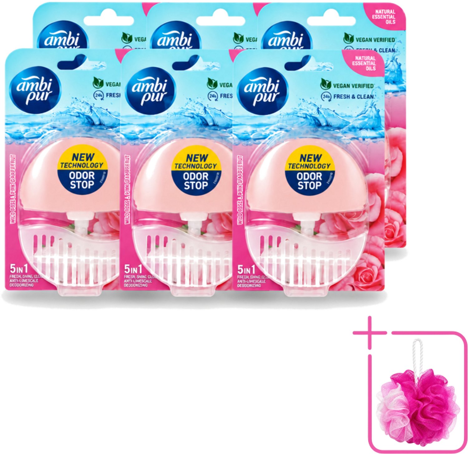 6 x Ambi Pur - Toiletblok - 5in1- Wilde Roos & Roze Grapefruit - 1 Blok - Bulkverpakking - Toilet - Douchemop - Toiletblok