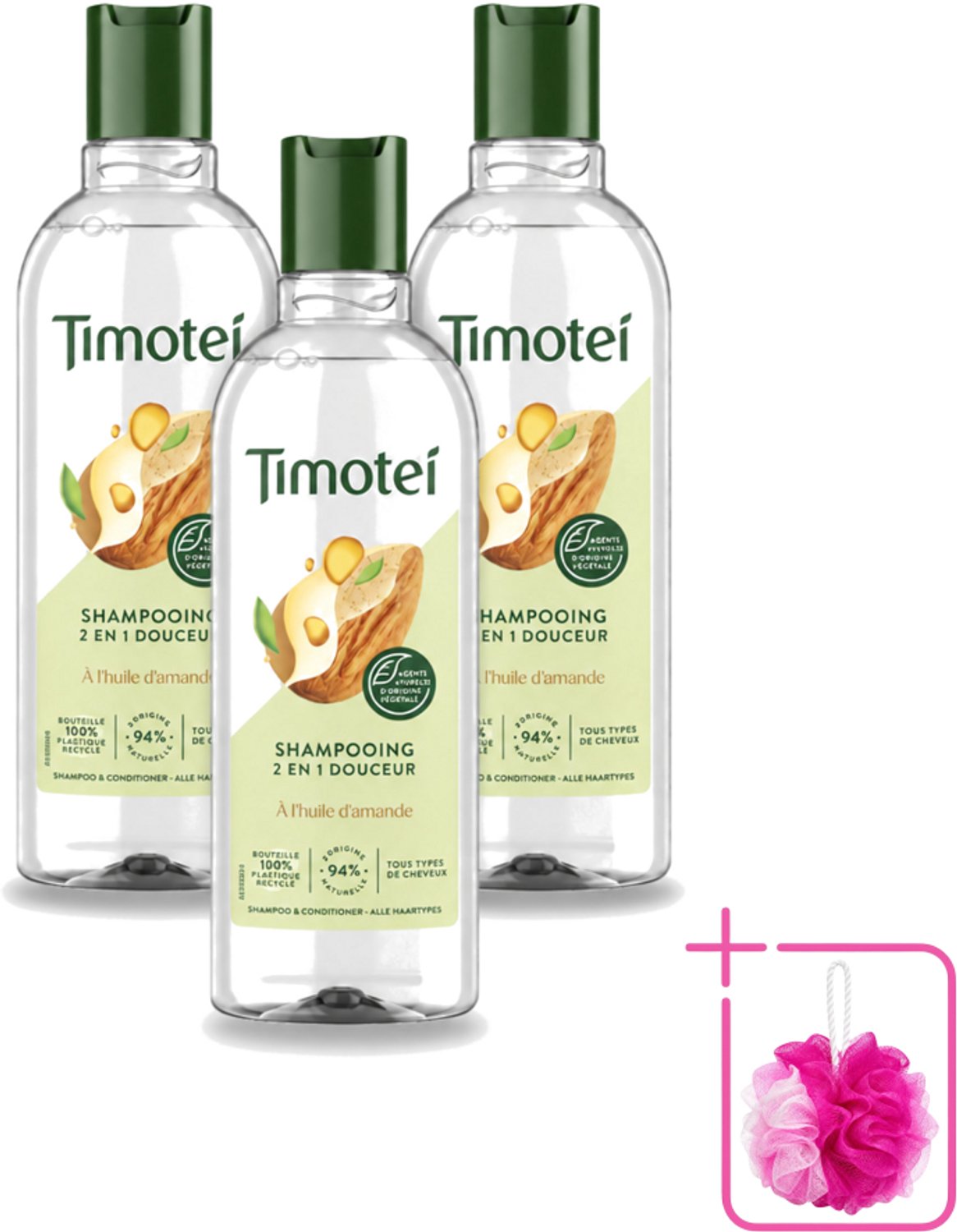 3 x Timotei - Shampoo - Amandelolie - 2in1 - Alle haartypes - 300ml - Bulkverpakking - 2in1 shampoo en conditioner - Douchemop - Amandelolie shampoo