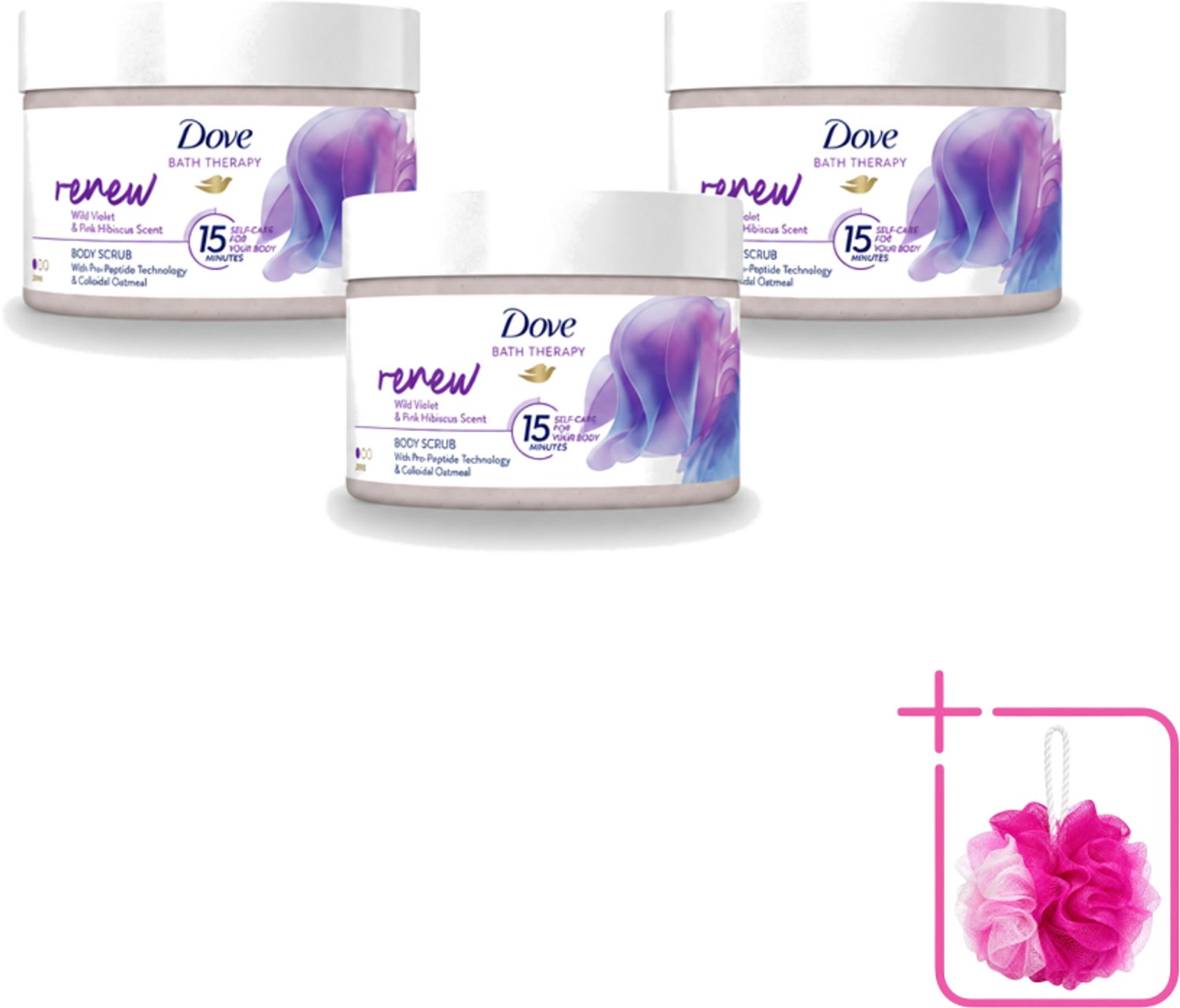 3 x Dove Bath Therapy Renew - Bodyscrub - Wilde Viooltjes & Roze Hibiscus - 295 ml - Bulkverpakking - Huidvernieuwing - Douchemop - Huidscrub