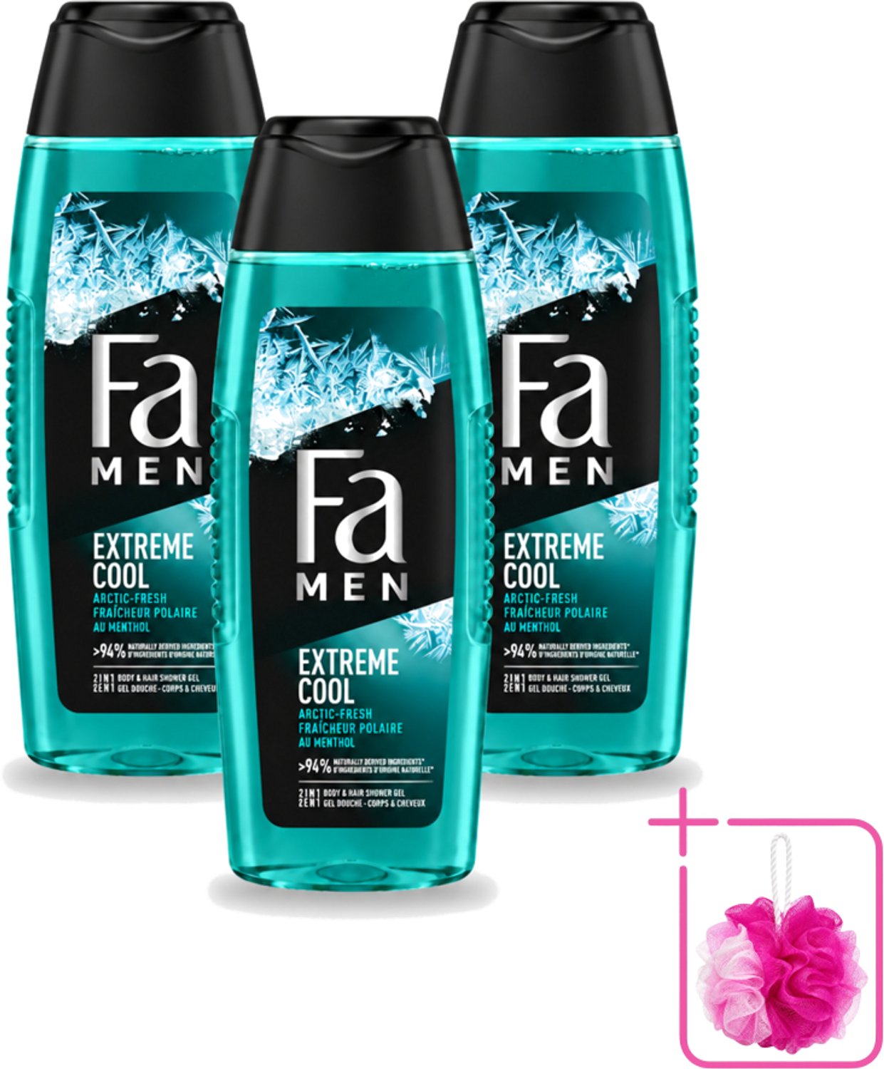 3 x Fa Men - Extreme Cool - 2 in 1 Douchegel & Shampoo - Menthol - 250 ml - Bulkverpakking - Douchegel en shampoo - Douchemop - Menthol