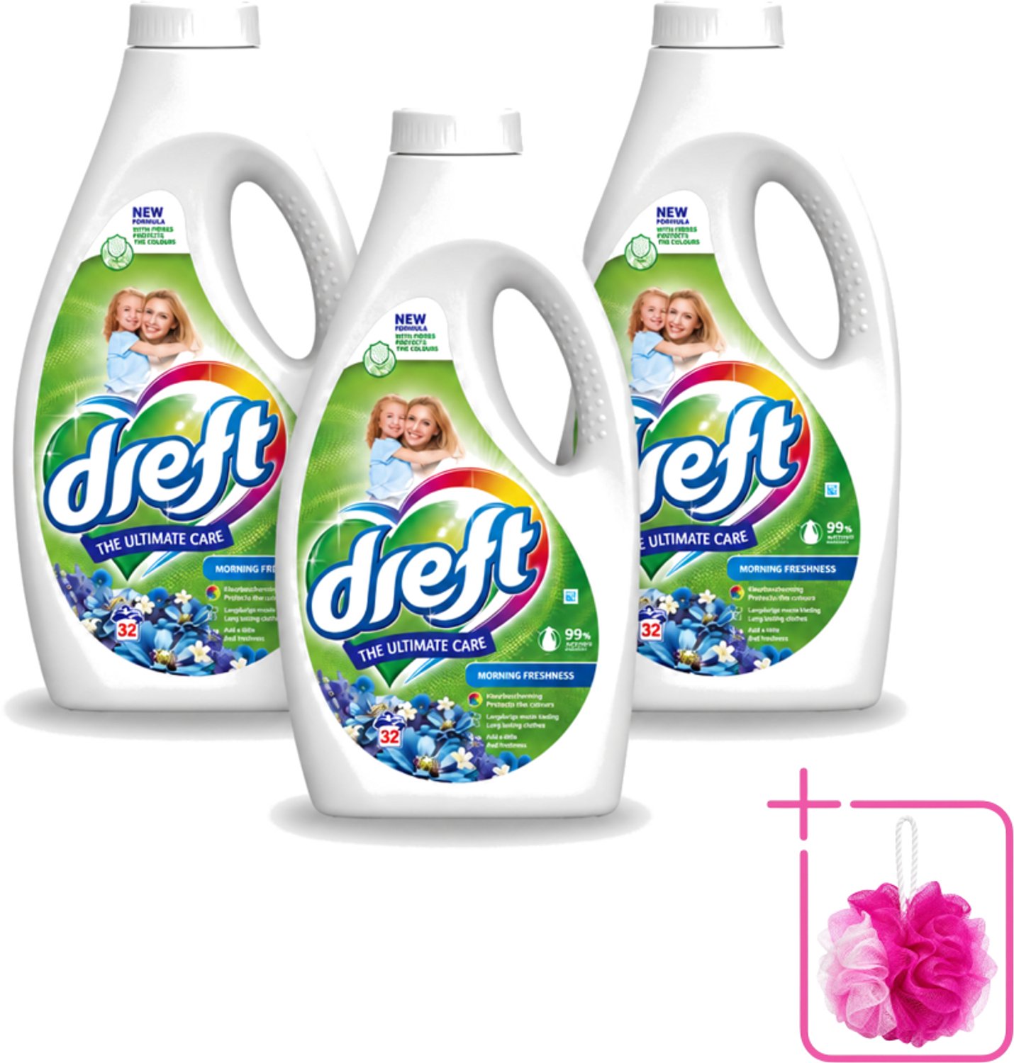 3 x Dreft - Ultimate Care - Vloeibaar Wasmiddel - Gekleurde Was - Ochtendfris - 32 Wasbeurten - Bulkverpakking - Gekleurde was - Douchemop - Ochtendfris