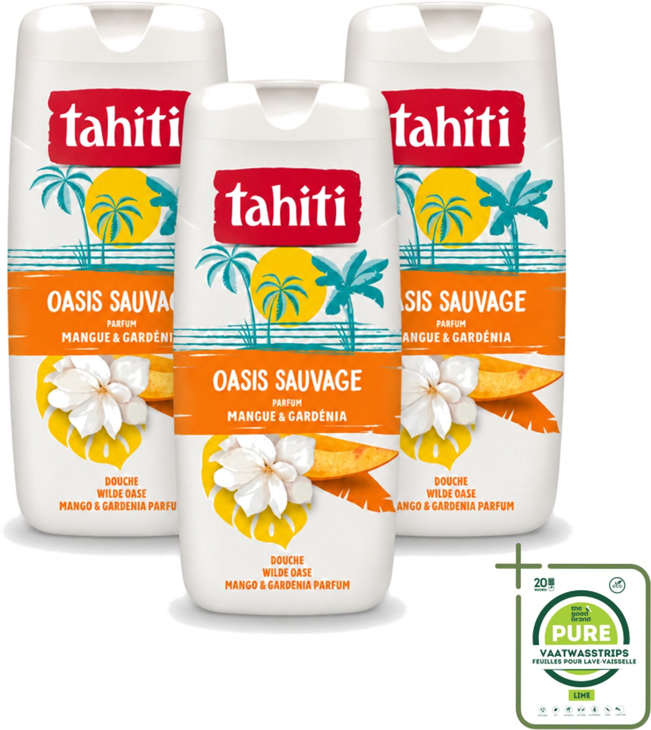3 x Tahiti - Douchegel - Wilde Oase - Mango & Gardenia - 315 ml - Grootverpakking - Vaatwasstrips - Douchegel - Mango - Gardenia - Tropisch - Geur
