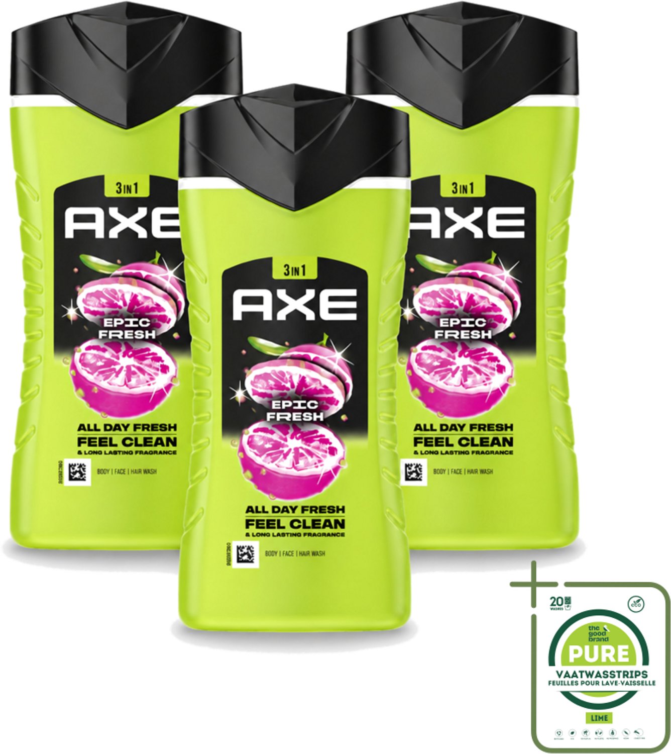3 x Axe - 3-in-1 Douchegel - Epic Fresh - Grapefruit & Tropical Pineapple - Fresh Boost - 250 ml - Grootverpakking - Vaatwasstrips - Douchegel - Frisheid - Geur - Lichaam - Gezicht