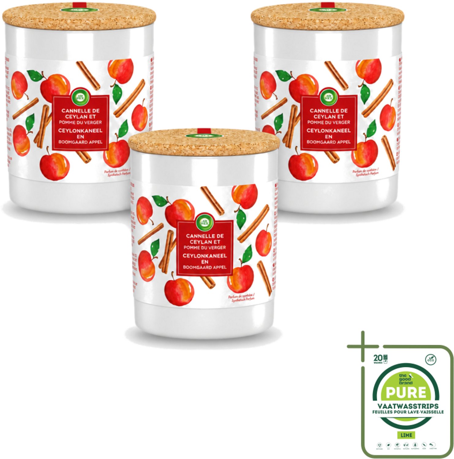 Air Wick 3 x Air Wick - Geurkaars - Kaneel & Boomgaard Appel - 35 Uur Brandduur - Grootverpakking - Vaatwasstrips - Geurkaars - Kaneel - Boomgaard Appel - Warme Geur - Frisse Geur Rood