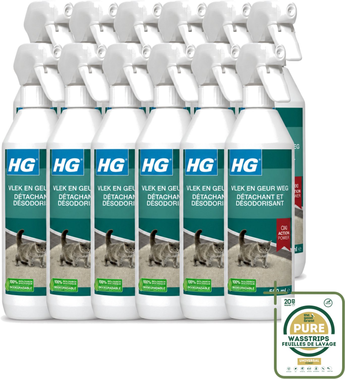 12 x HG - Vlek & Geur Weg - Tegen Kattengeuren- Oxi Action Power - 100% Biologisch - 500 ml - Wasstrips - Vlek Verwijderen - Geur Weg - Katten Vlek - Katten Geur - Tapijt Reinigen
