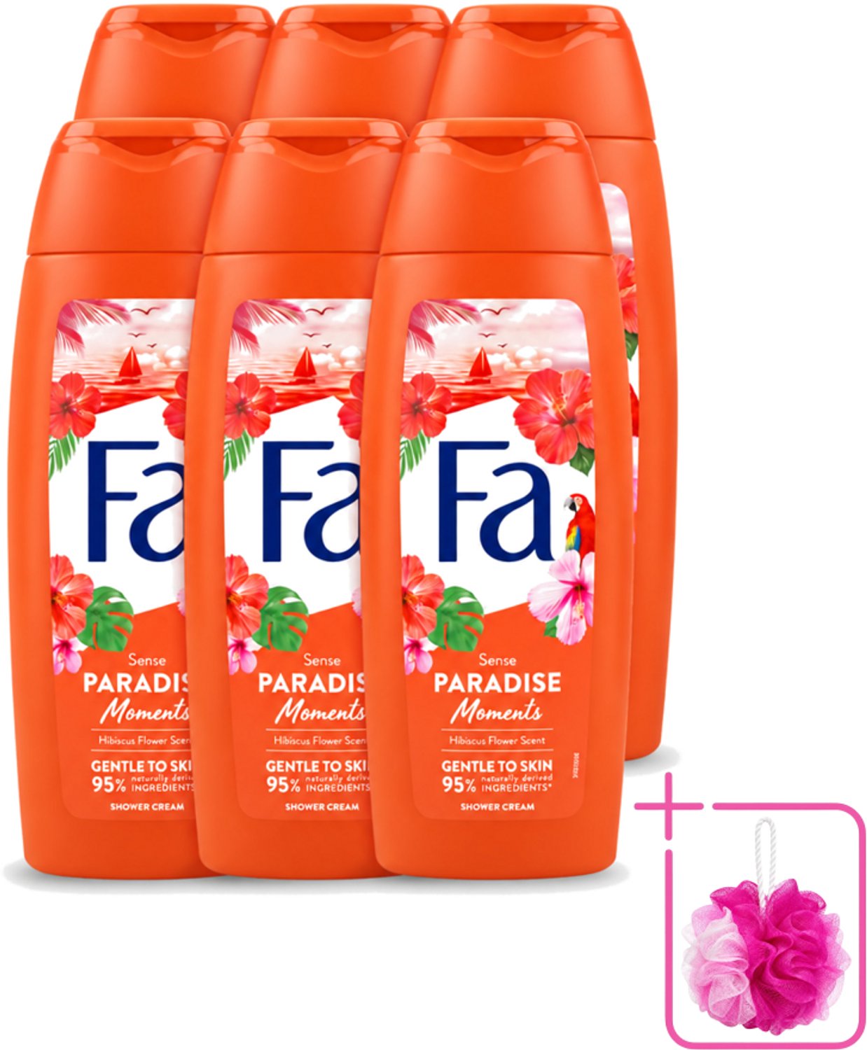 6 x Fa - Paradise Moments - Douchecrème - Hibiscusbloem - 250 ml - Bulkverpakking - Douchecrème hibiscusbloem - Douchemop - Vegan douchecrème