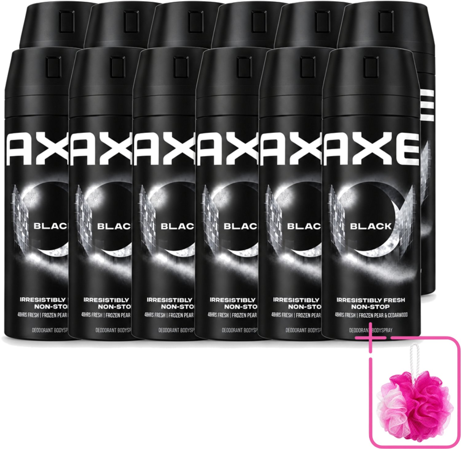 12 x Axe - Deodorant Bodyspray - 48hrs Fresh - Black - Frozen Pear & Cedarwoord - 150 ml - Bulkverpakking - 48 uur bescherming - Douchemop - Deodorant spray