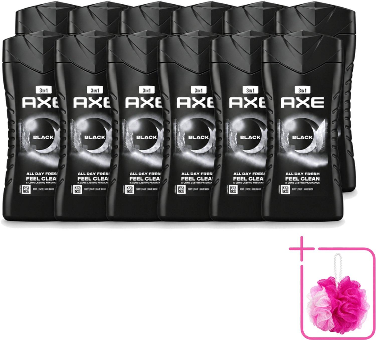 12 x Axe - 3-in-1 Douchegel - Black - Frozen Pear & Cedarwoord - 12hrs Long Lasting Scent - 250 ml - Bulkverpakking - Douchegel - Douchemop - Lichaam