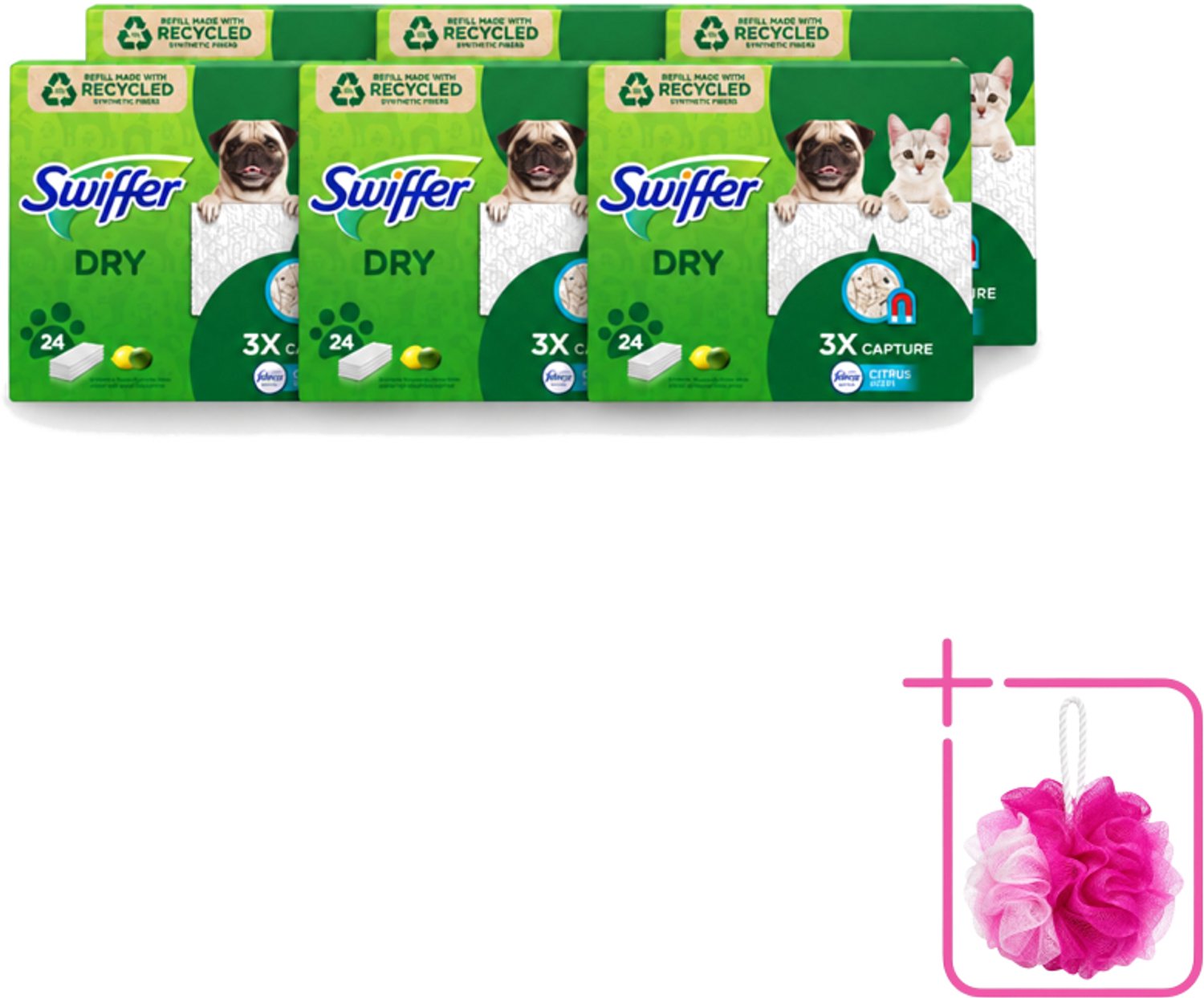 6 x Swiffer Dry - Vloerdoekjes - Navulling - Febreze Citroengeur - 24 Doekjes - Bulkverpakking - Vloerdoekjes - Douchemop - Schoonmaken