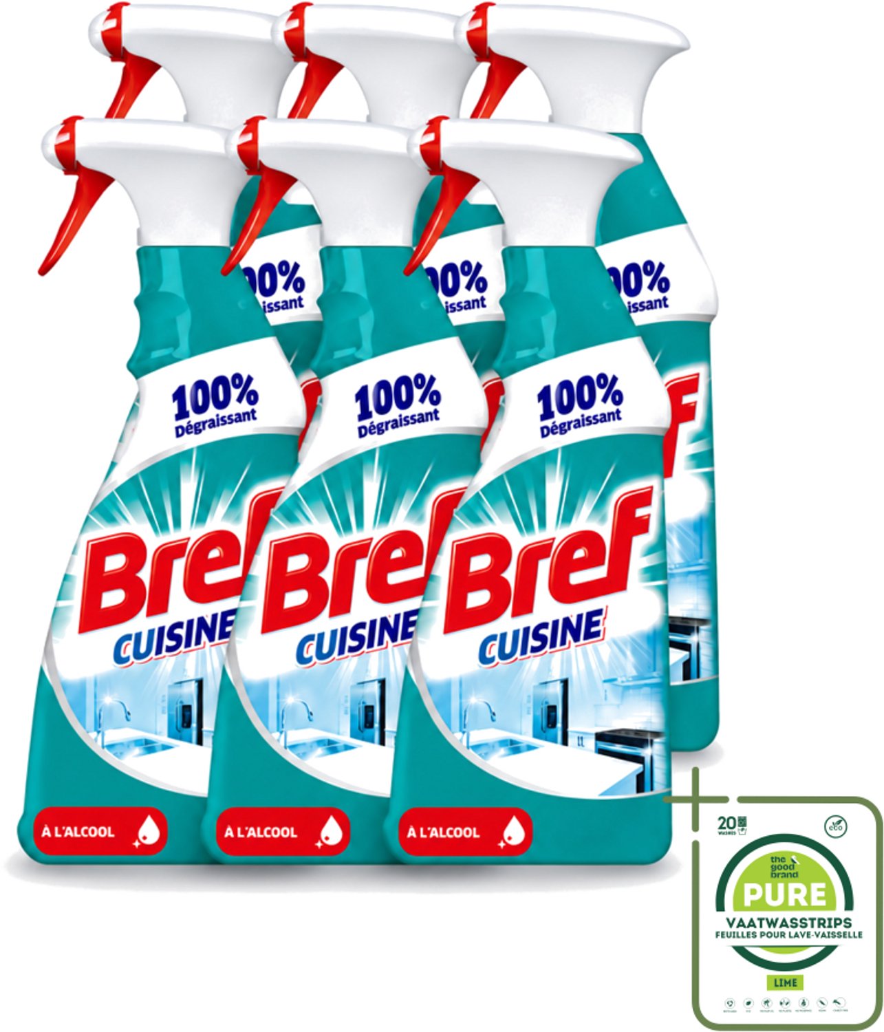 6 x Bref Keuken - Reinigingsspray - Ontvetter - Met Alcohol - 750 ml - Grootverpakking - Vaatwasstrips - Keuken Reinigen - Ontvetter - Keuken Spray - Werkblad Reinigen - Keuken Hygiëne