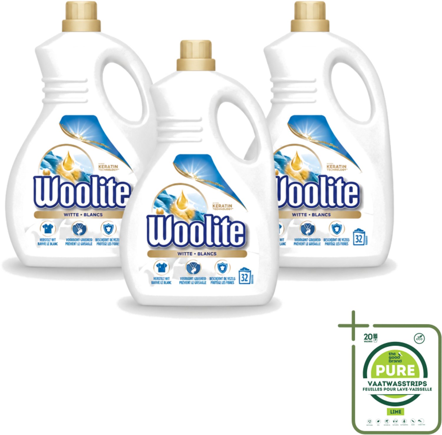 3 x Woolite White - Vloeibaar Wasmiddel - Met Keratine - Witte Was - 32 Wasbeurten - 1,9L - Grootverpakking - Vaatwasstrips - Wasmiddel Wit - Keratine Wasmiddel - Witte Was - Witte Kleding - Wasbeurten