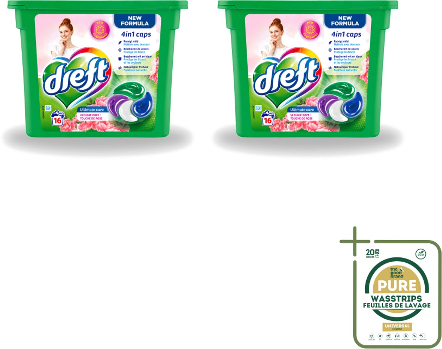2 x Dreft - Nieuwe Formule - Wasmiddelcapsules 4in1 - Witte en Gekleurde Was - Vleugje Roze - 16 Wasbeurten - Wasstrips - Wasmiddelcapsules - Wasbeurten - Kleurbescherming - Frisheid - Wasgoed