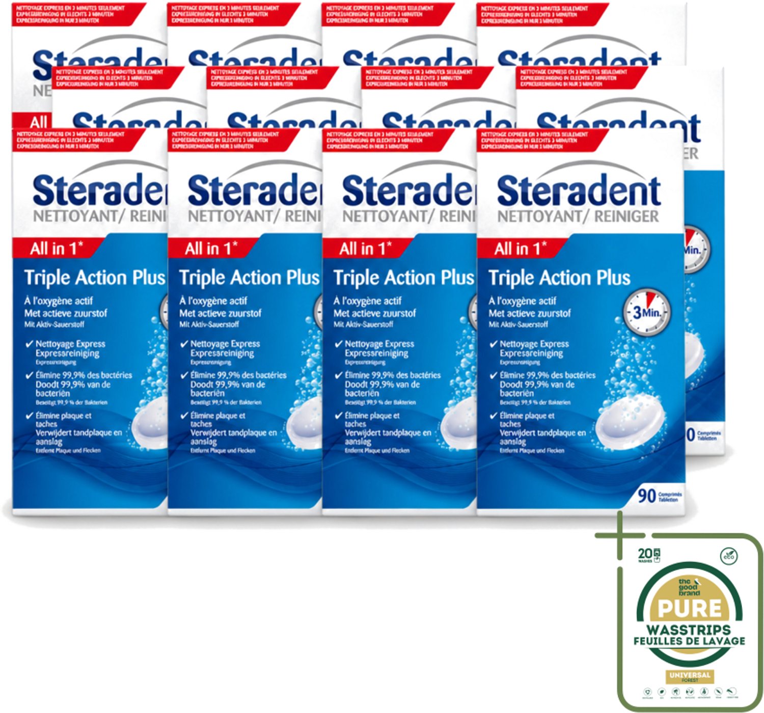 12 x Steradent - Kunstgebitreiniger - Tegen Tandplak En Aanslag - 90 Tabletten - Wasstrips - Kunstgebit Reinigen - Tandplak Verwijderen - Aanslag Verwijderen - Kunstgebit Reiniger - Kunstgebit Hygiëne