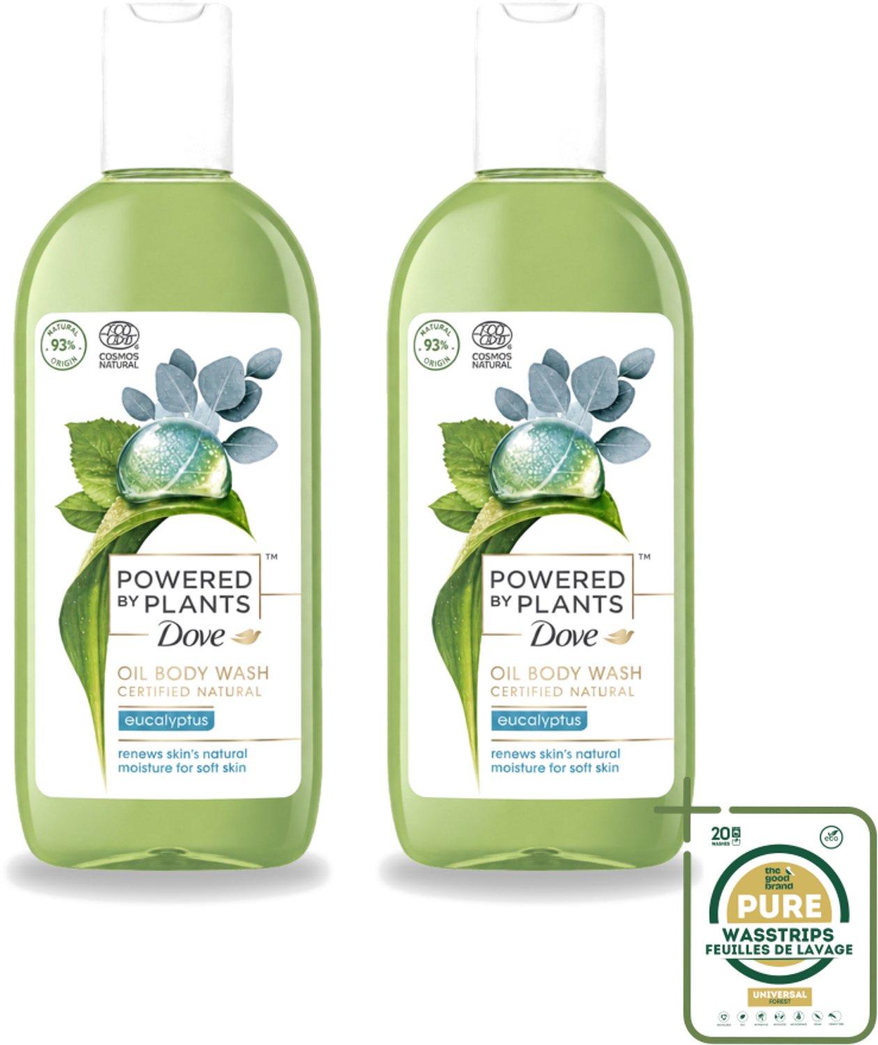 2 x Dove Powered by Plants - Oil Body Wash - Eucalyptus - 250 ml - Wasstrips - Natuurlijke Verzorging - Eucalyptus - Olie - Lichaamsschoonmaak - Hydraterende Douche