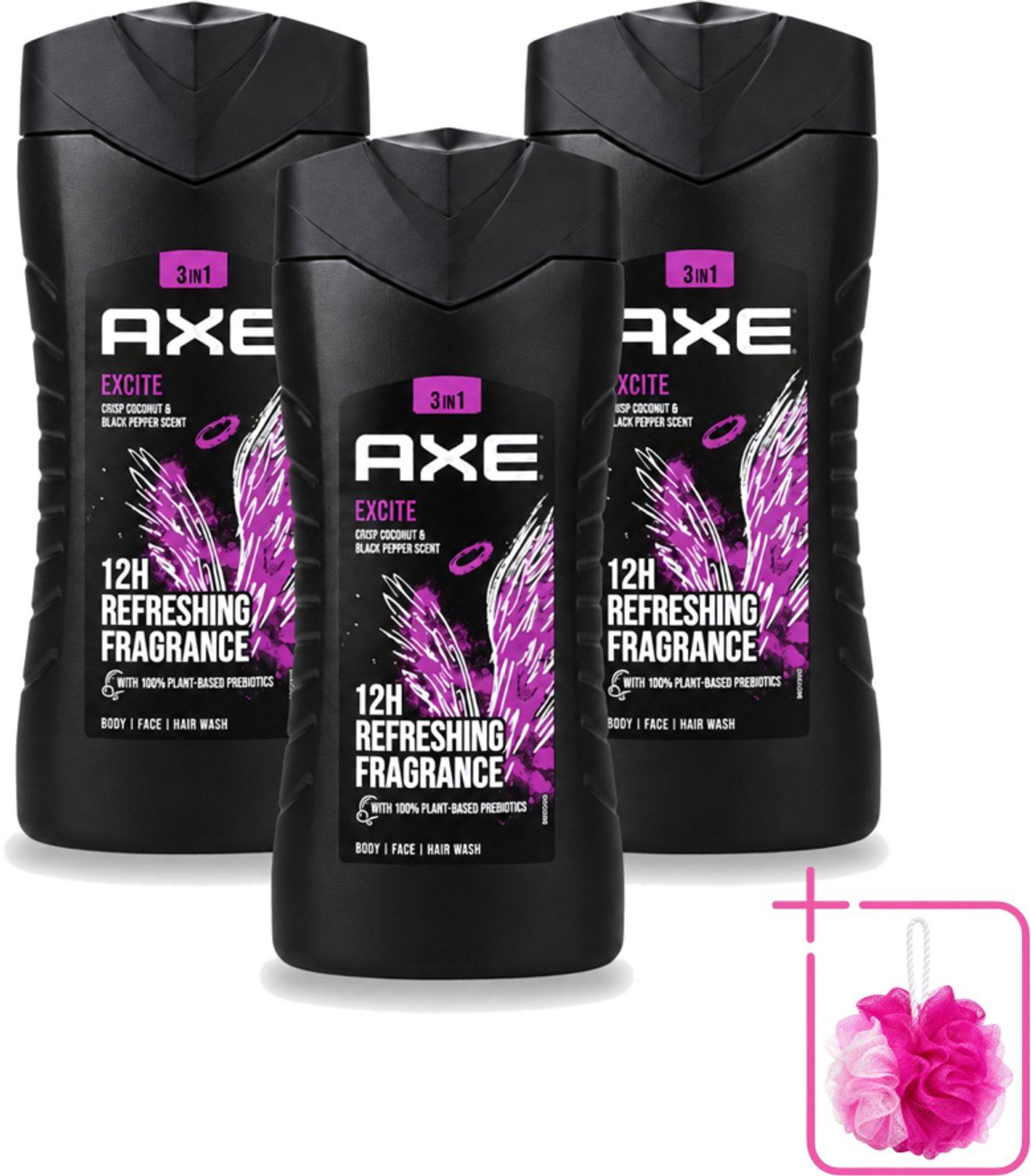 3 x AXE – Douchegel – Excite – 250 ml - Bulkverpakking - Douchegel - Douchemop - Frisheid