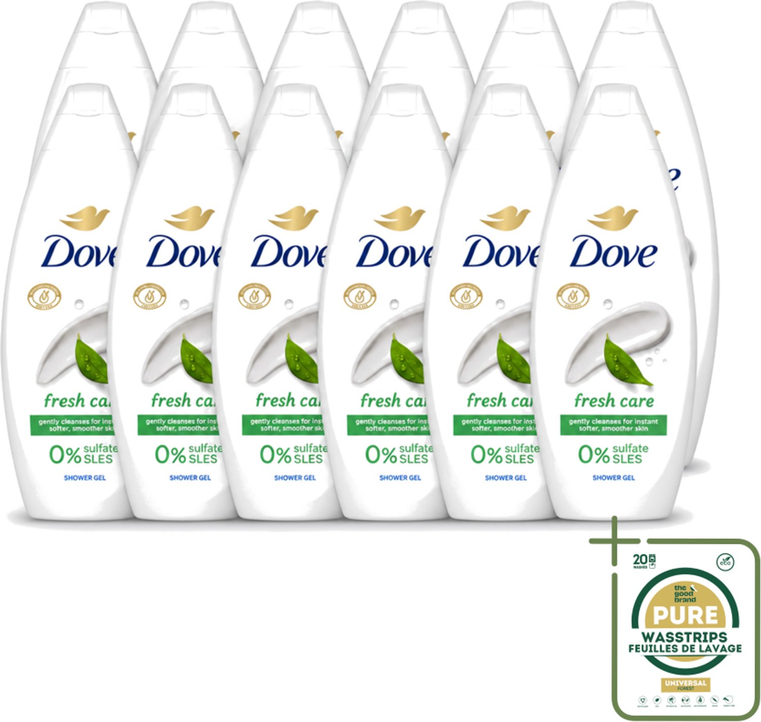12 x Dove – Douchegel – Fresh Care – 250 ml - Wasstrips - Douchegel - Fris - Schone Huid - Huid Reinigen - Huid Hydrateren