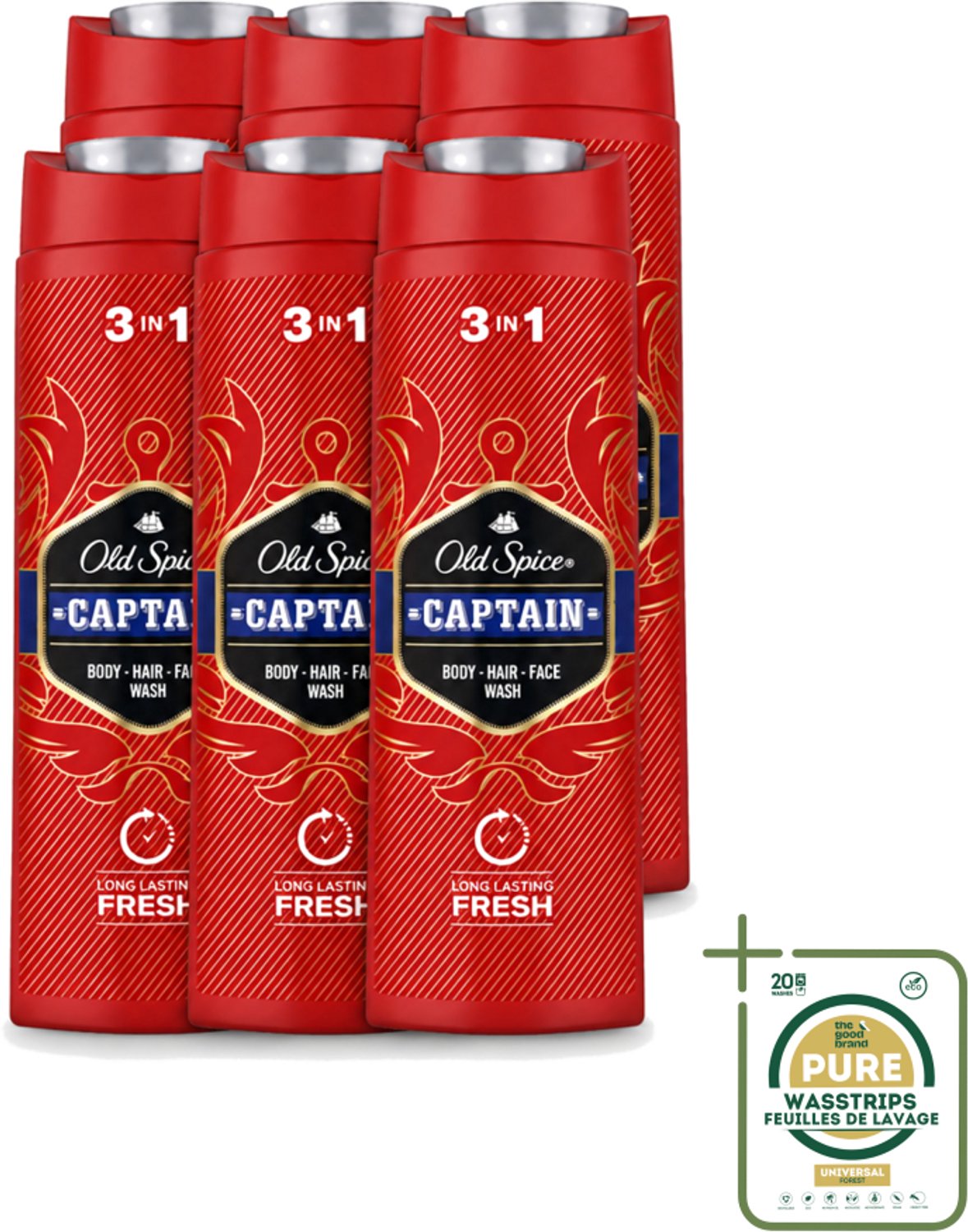 6 x Old Spice – Douchegel – Captain – 400 ml - Wasstrips - Douchegel Voor Mannen - Gezichtsreiniging - Haarreiniging - Lichaamreiniging - Fris Geur