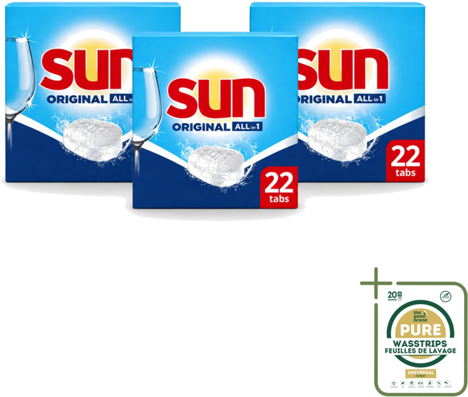 3 x Sun – Vaatwastabletten – All-in-1 Original – 22 tabletten - Wasstrips - Vaatwastabletten - Vaatwassen - Reiniging - Glans - Spoelglans