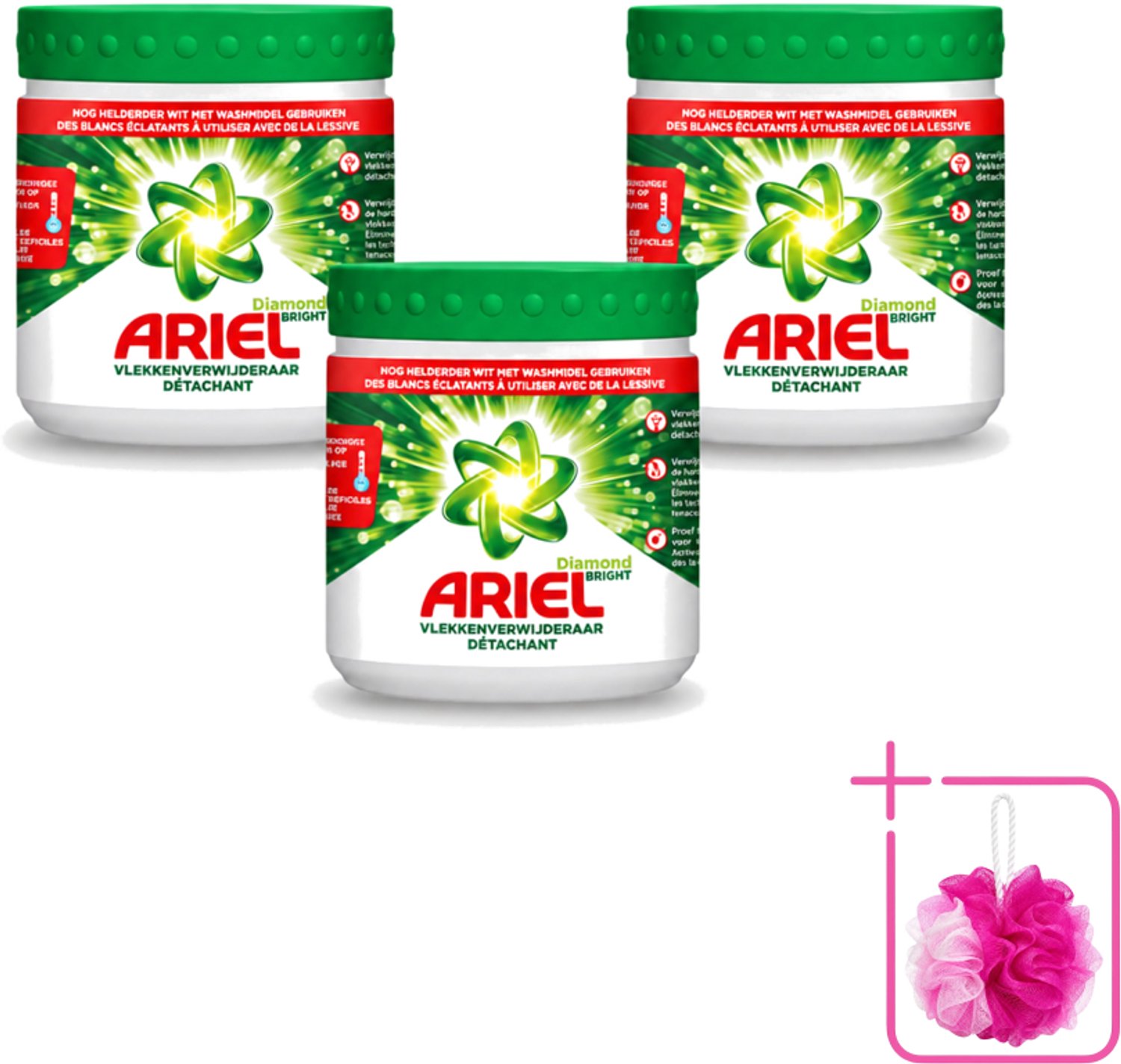 3 x Ariel Diamond Bright - Vlekverwijderaar Poeder - Witte Was - 30 Wasbeurten - Bulkverpakking - Vlekverwijderaar - Douchemop - Witte was