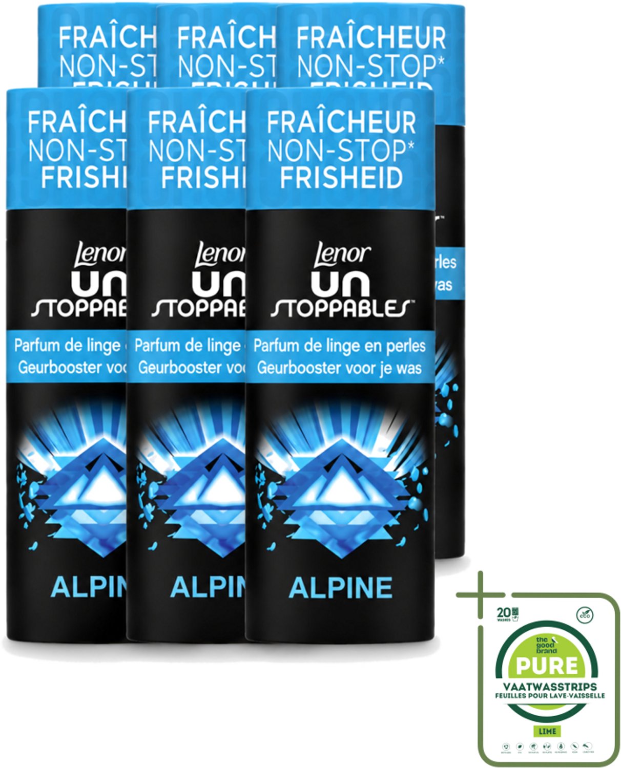 6 x Lenor Unstoppables – Geurbooster – Alpine – 19 Wasbeurten – 235 g - Grootverpakking - Vaatwasstrips - Geurbooster Wasgoed - Frisheid Wasgoed - Citrus Geur - Bloemen Geur - Kruiden Geur