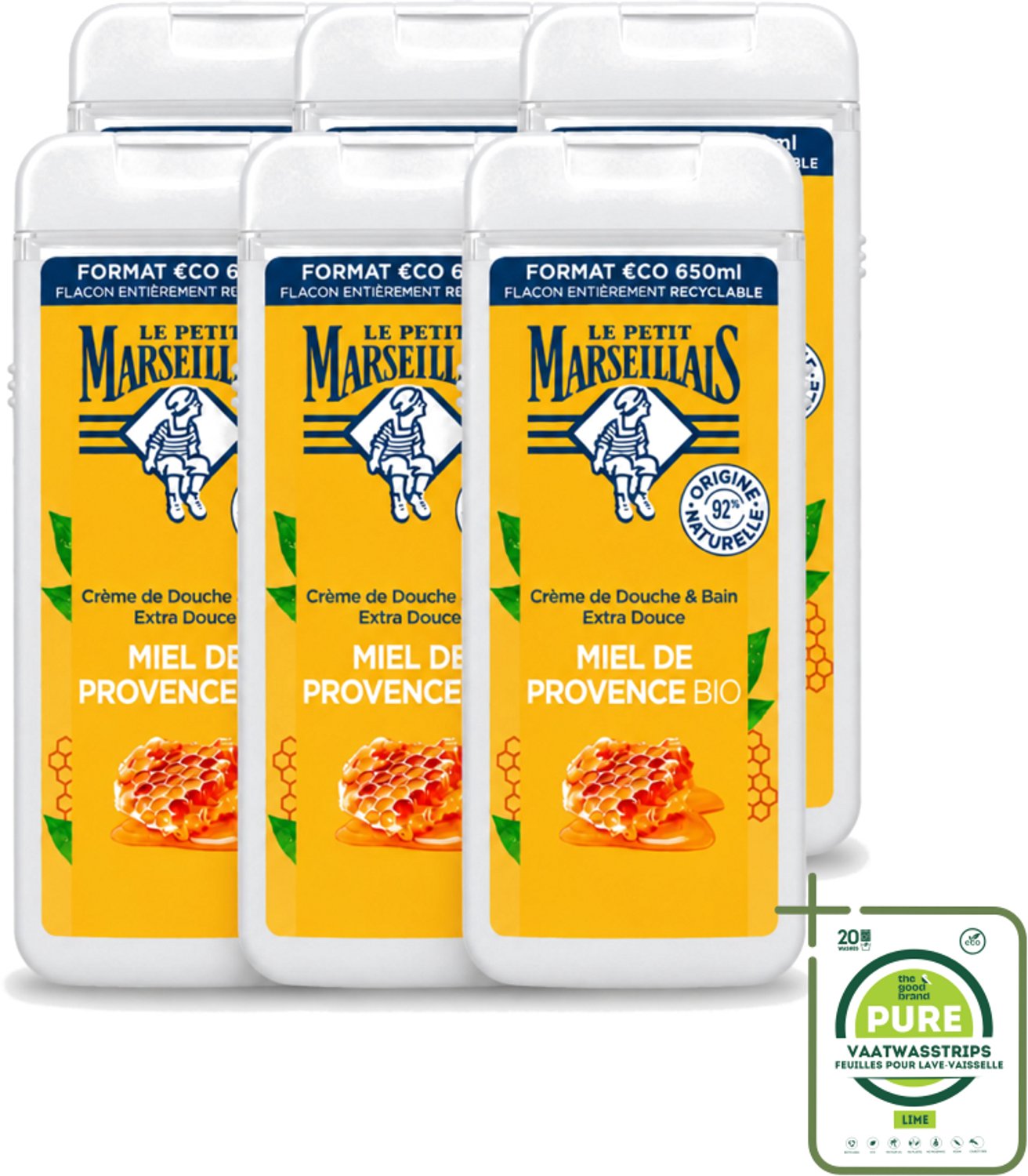 6 x Le Petit Marseillais – Douche & Bad – Honing – 650 ml - Grootverpakking - Vaatwasstrips - Douche En Bad - Honing - Huid Verzorging - Schuim - Zachte Huid