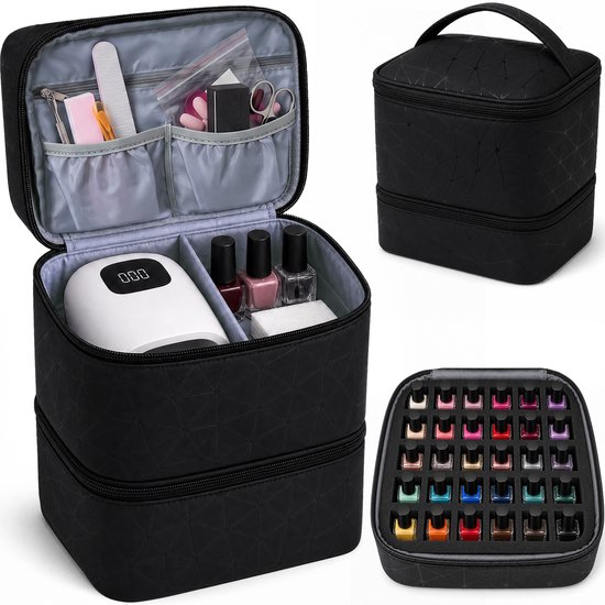Drie aanzichten van de zwarte beautycase: open compartimenten, gesloten koffer en foam-inlay voor 30 flesjes.