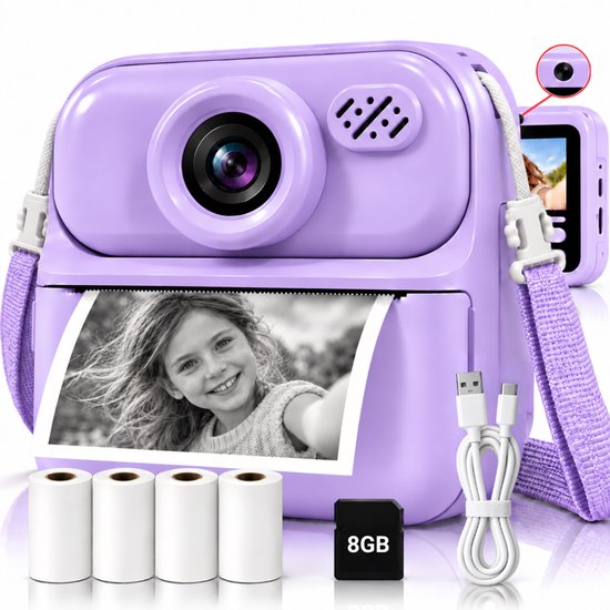 Paarse kindercamera met printer, 4 printrollen, 8GB SD-kaart en USB-C kabel.