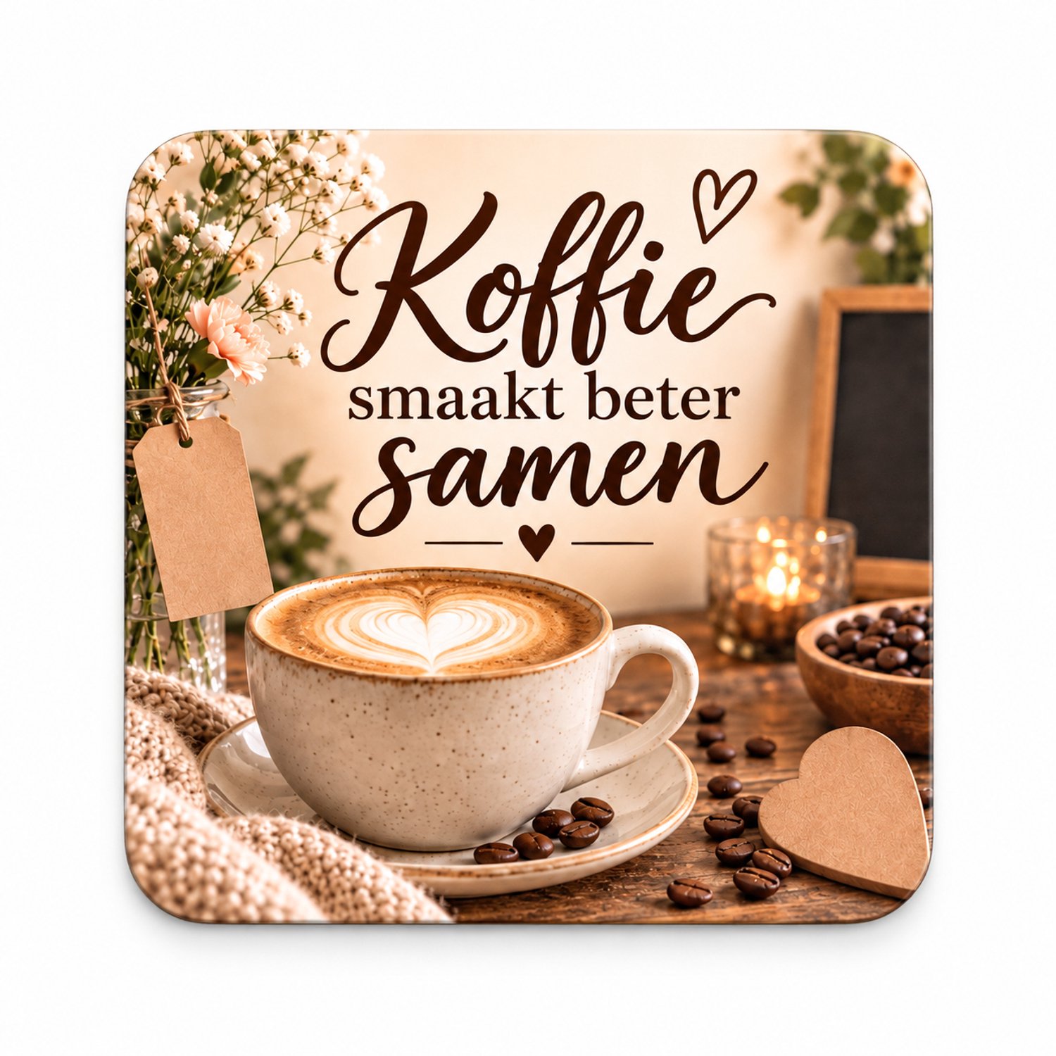 Koffie MDF onderzetter 10 x 10 cm met tekst ‘Koffie smaakt beter samen’