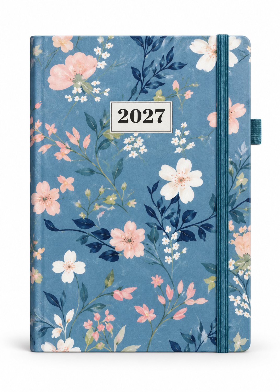 Weekagenda 2027 A5 – 1 week op 2 pagina’s – Harde Kaft en Elastiek Sluiting - Bloemen Blauw