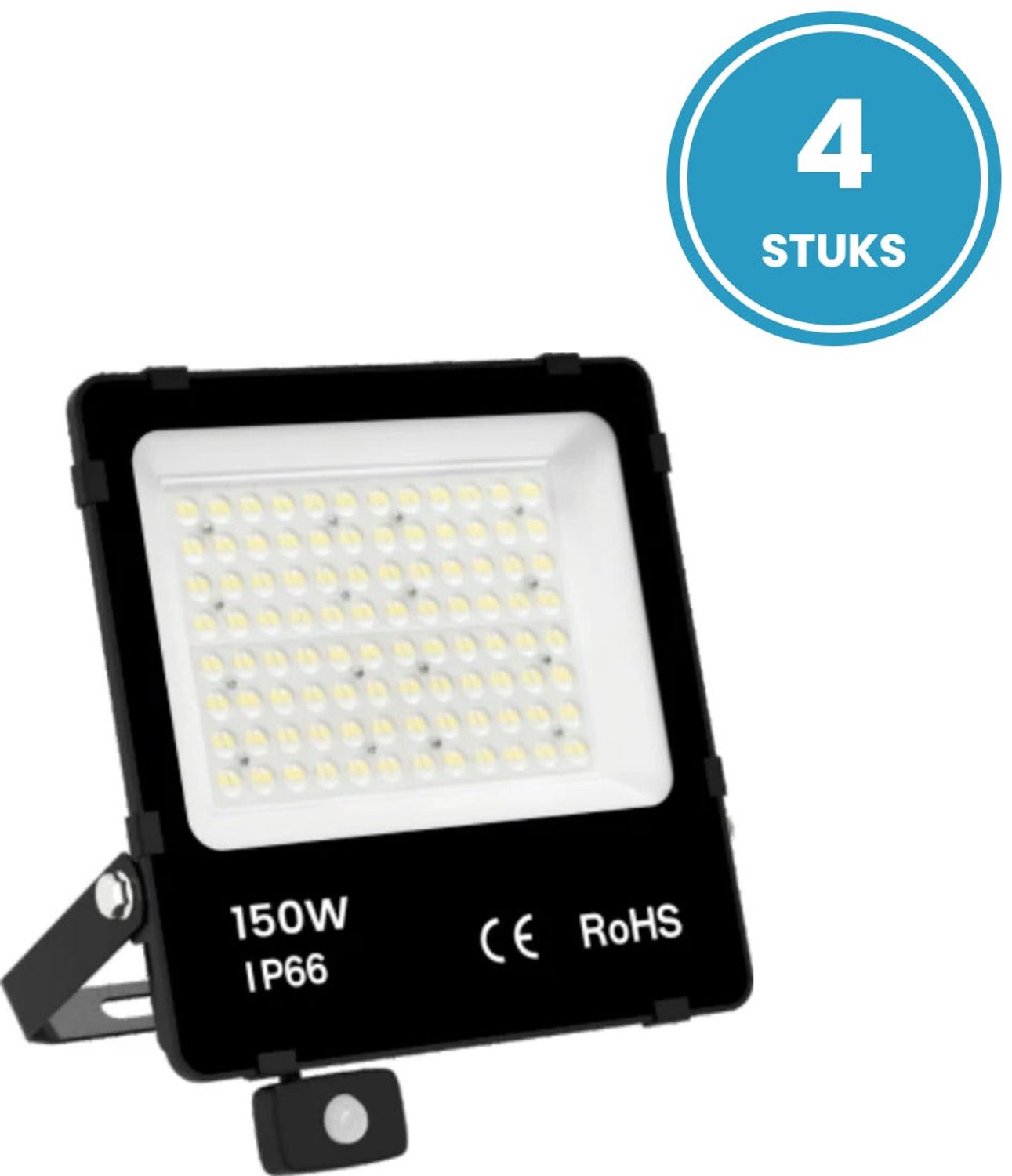 LED Schijnwerper 150W - 22.500 lm - Daglichtwit 6000K - Bewegingssensor - 90° - IP66 - Buitenlamp & Terreinverlichting - Set van 4 - 5 jaar garantie