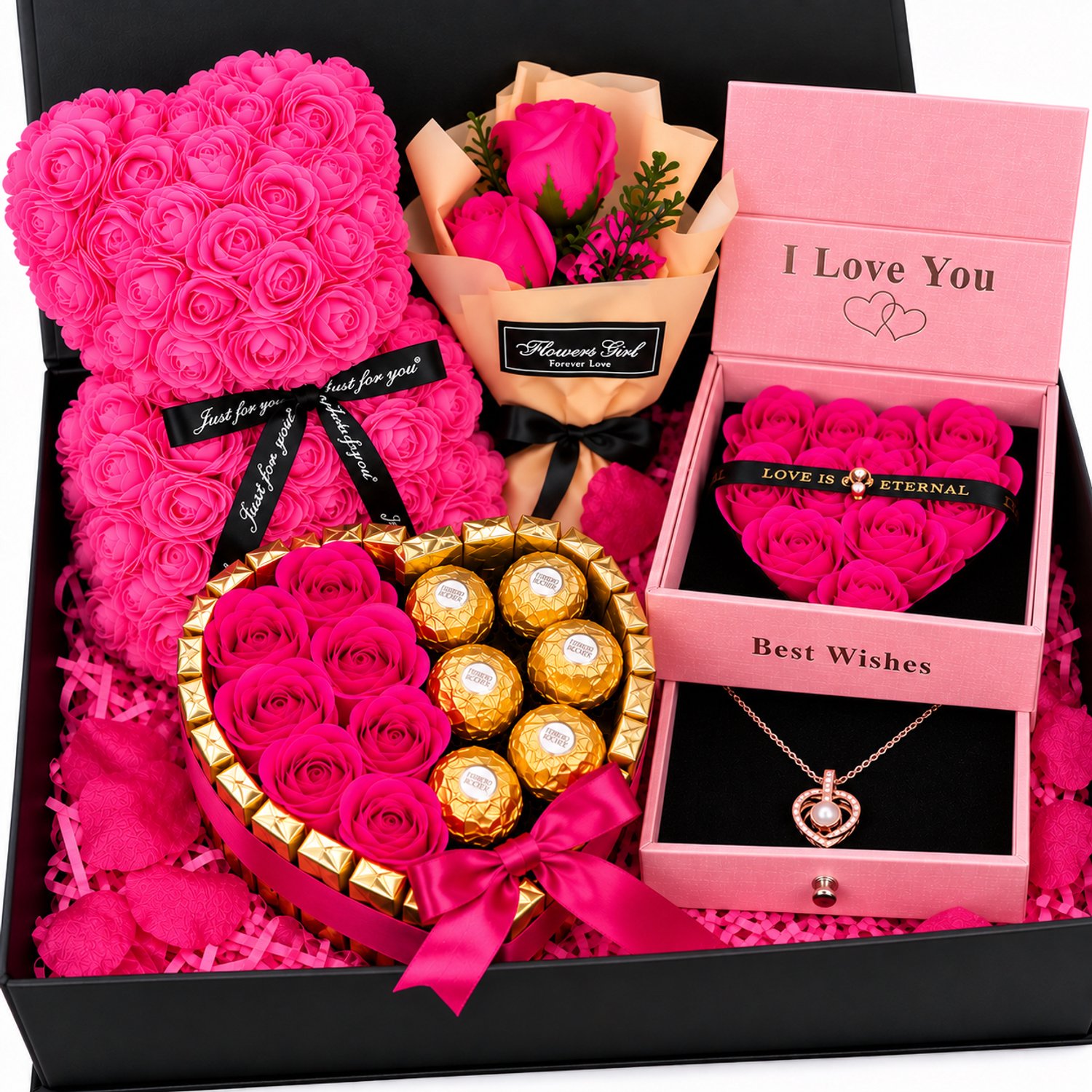 Nina’s Giftshop® Valentijn Geschenkset – Cadeau voor Haar – Chocolade Hart – Rozenbeer – Sieradendoos met Ketting – Roze Rozen – Liefdescadeau