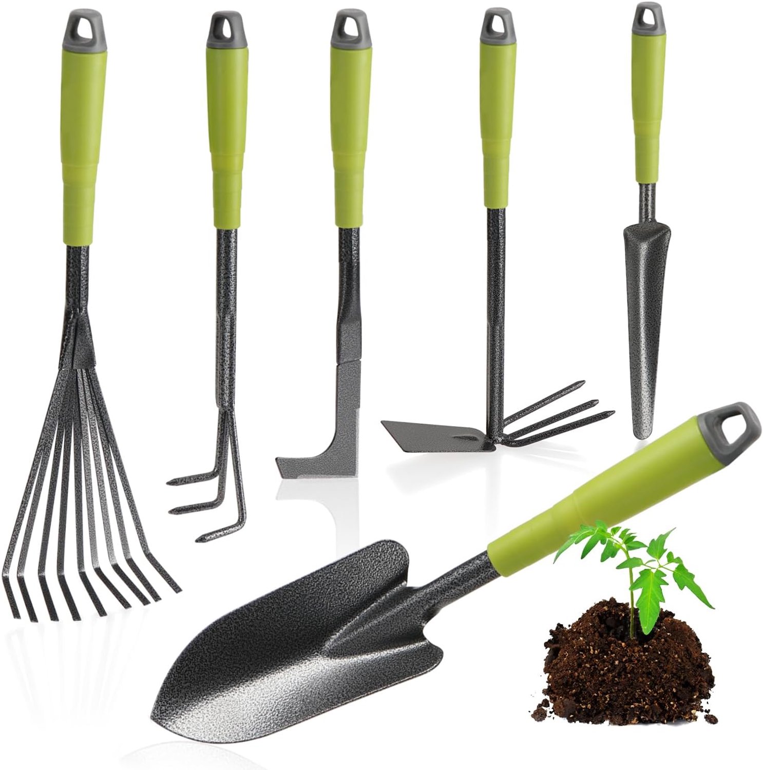 SnelShoppen - 6-delige tuingereedschapset - Tuinset met dubbele schoffel, kleine cultivator, voegenschraper, handhark, bloemenschepje - Tuingereedscha