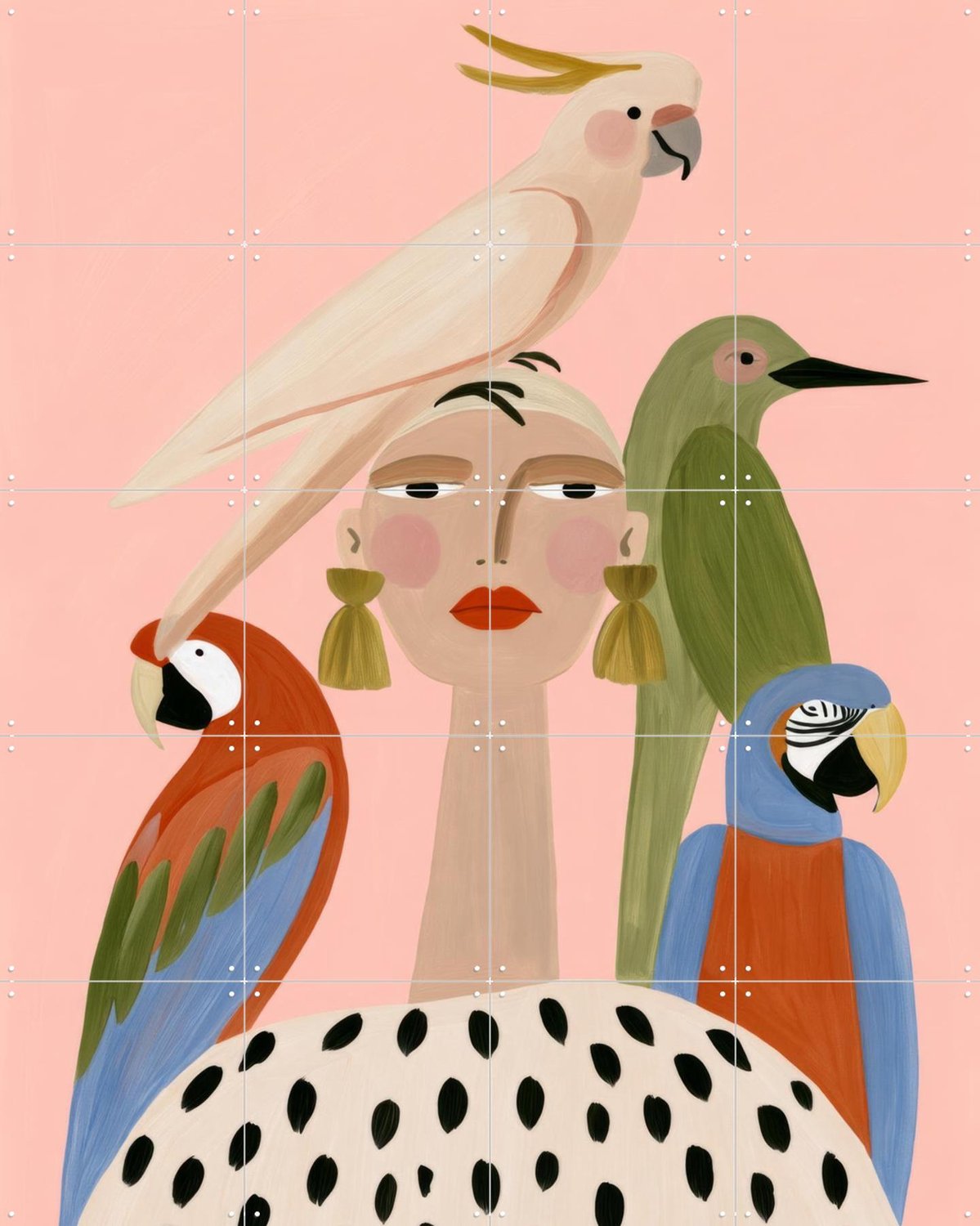 IXXI Feathered Friends, Atelier Pommeline - 80 x 100 cm - Grote wanddecoratie en posters - Kleurrijk, Modern, Cartoonesk, Slaapkamer, Gang, Dieren Beige / Roze