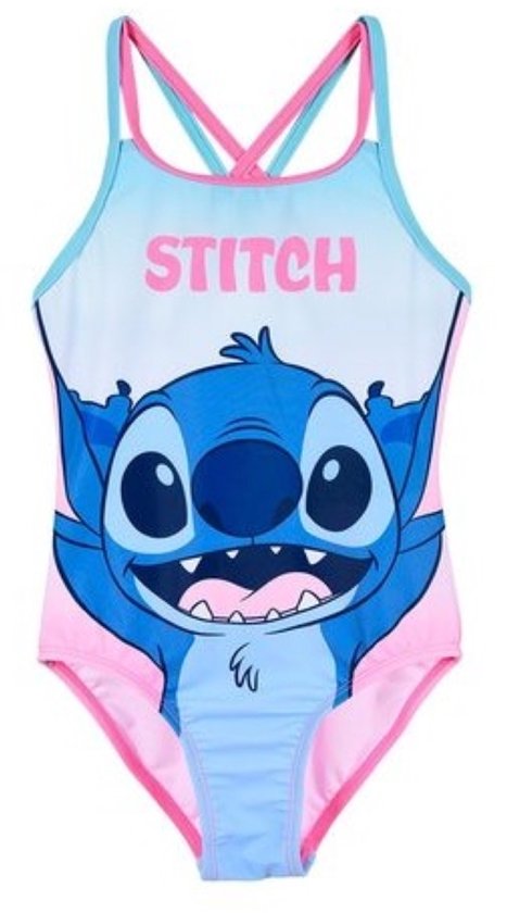 Disney Stitch badpak in roze en blauw verloop met het woord STITCH en het gezicht van het personage.