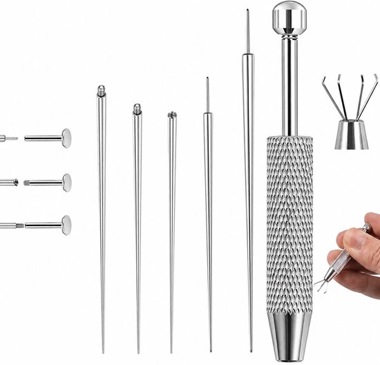 Ensemble d'outils de perçage métalliques, incluant des pinces et divers embouts interchangeables, avec un gros plan d'une personne tenant une pince.