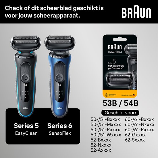 Braun Series 5 EasyClean in het zwart en Series 6 SensoFlex in het blauw. Braun scheerkop 53B/54B.