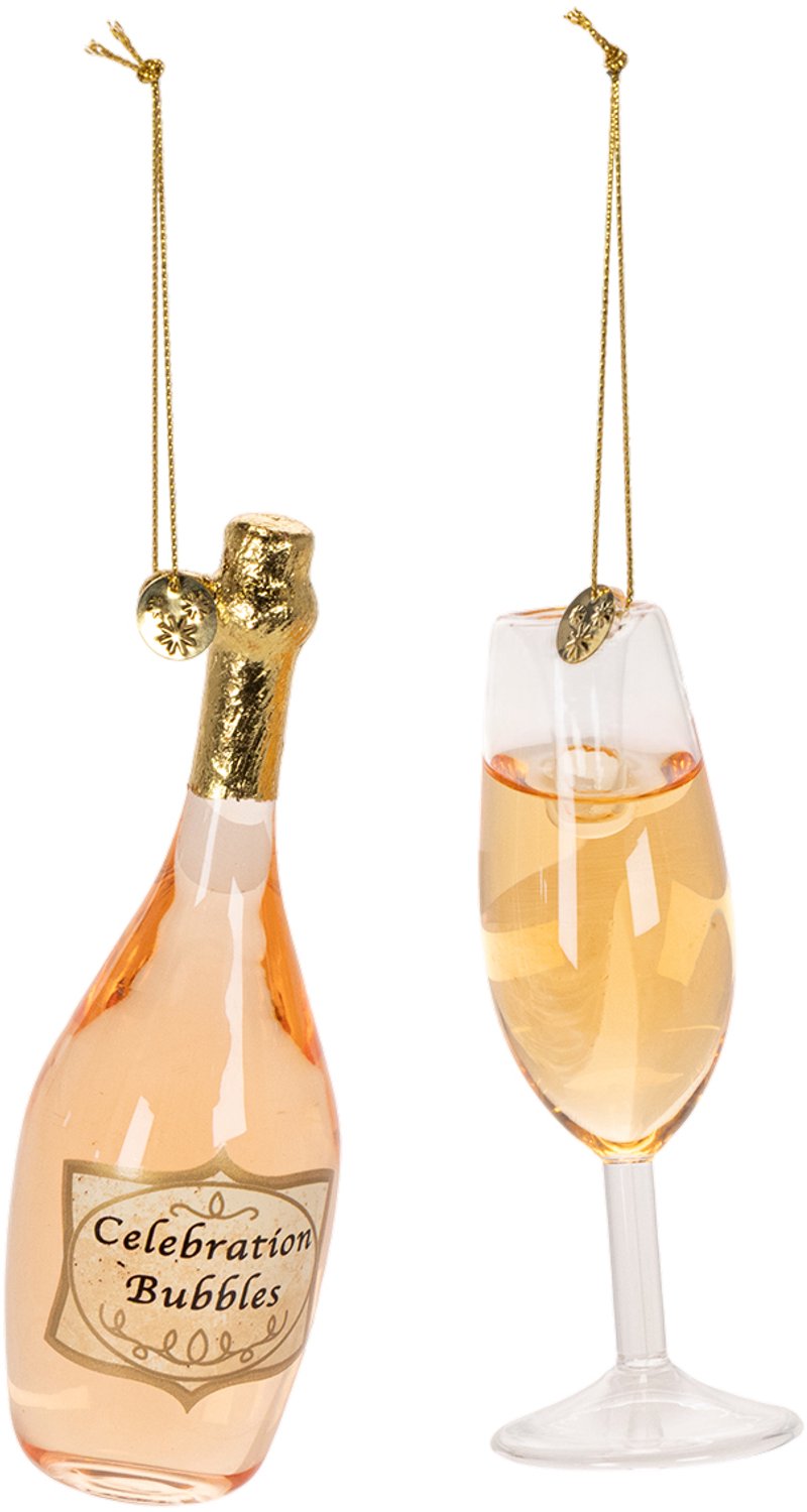 Kerstboomversiering set, champagneglas en champagnefles, kerstdecorati
